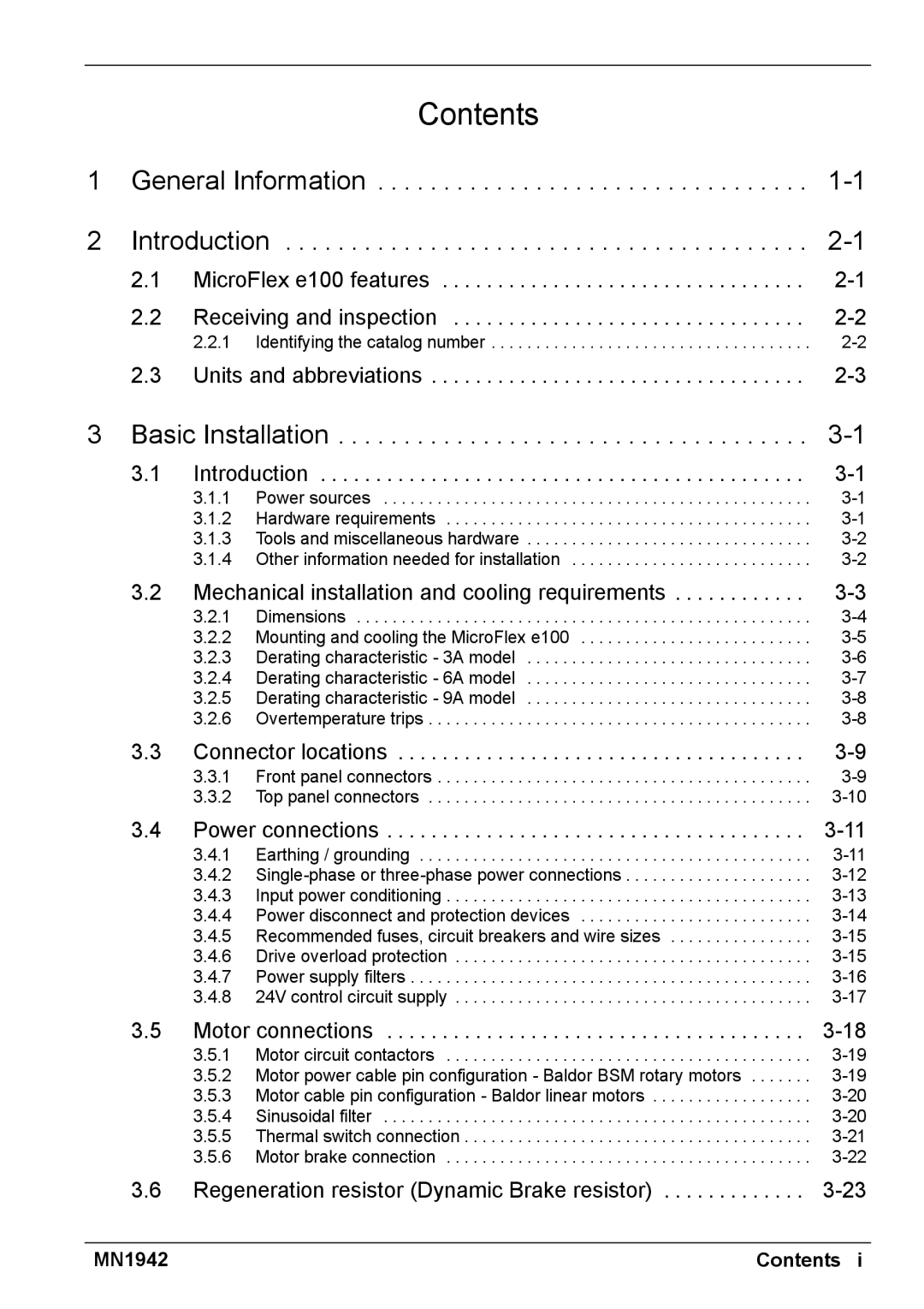 Baldor E100 manual Contents 