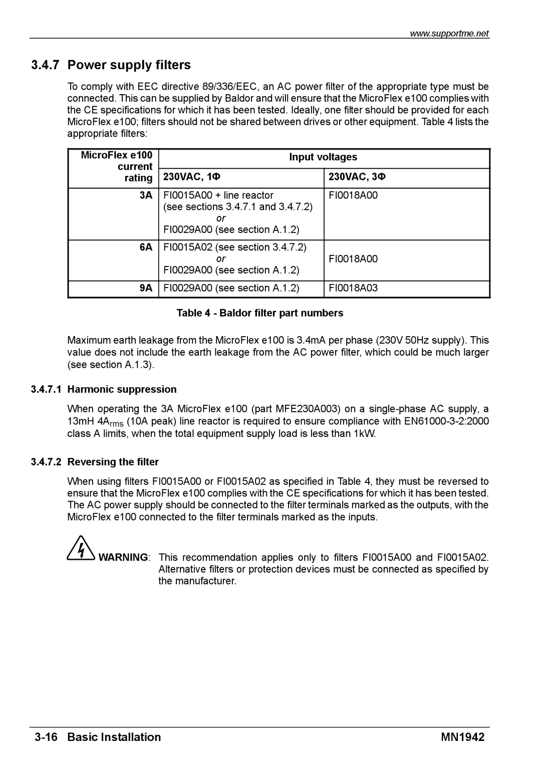 Baldor E100 manual Power supply filters, Baldor filter part numbers, Harmonic suppression, Reversing the filter 