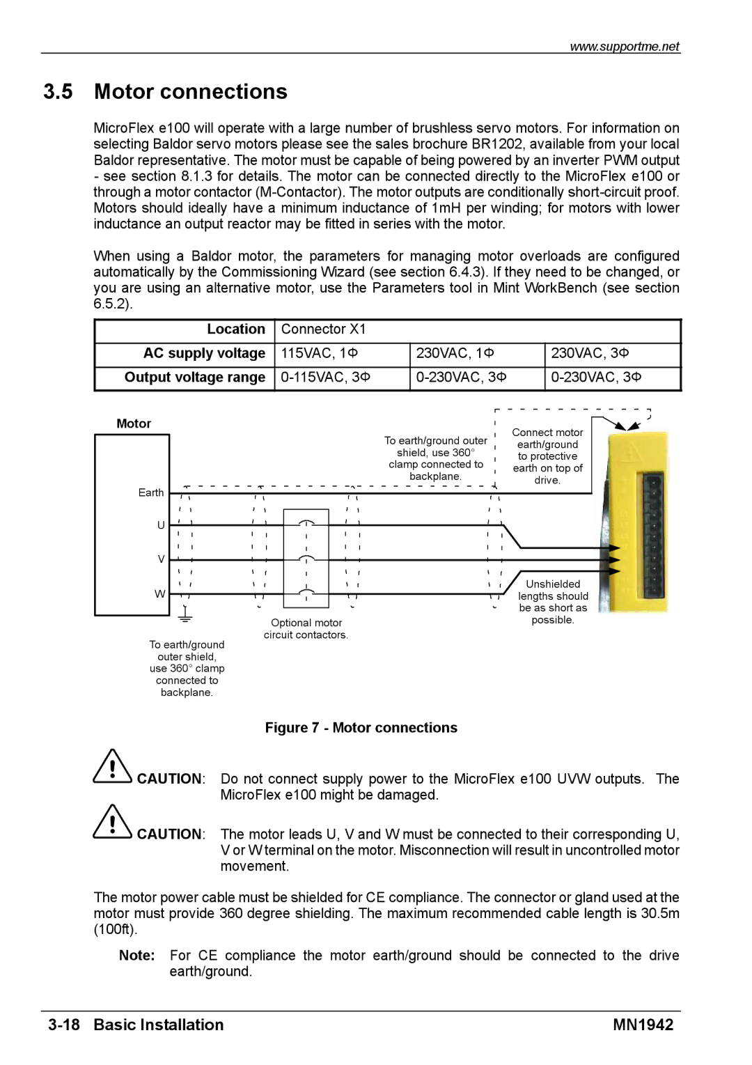 Baldor E100 manual Motor connections, AC supply voltage, Output voltage range 