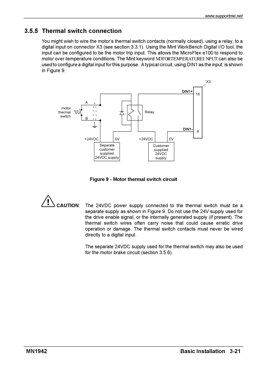 Baldor E100 manual Thermal switch connection, Motor thermal switch circuit 