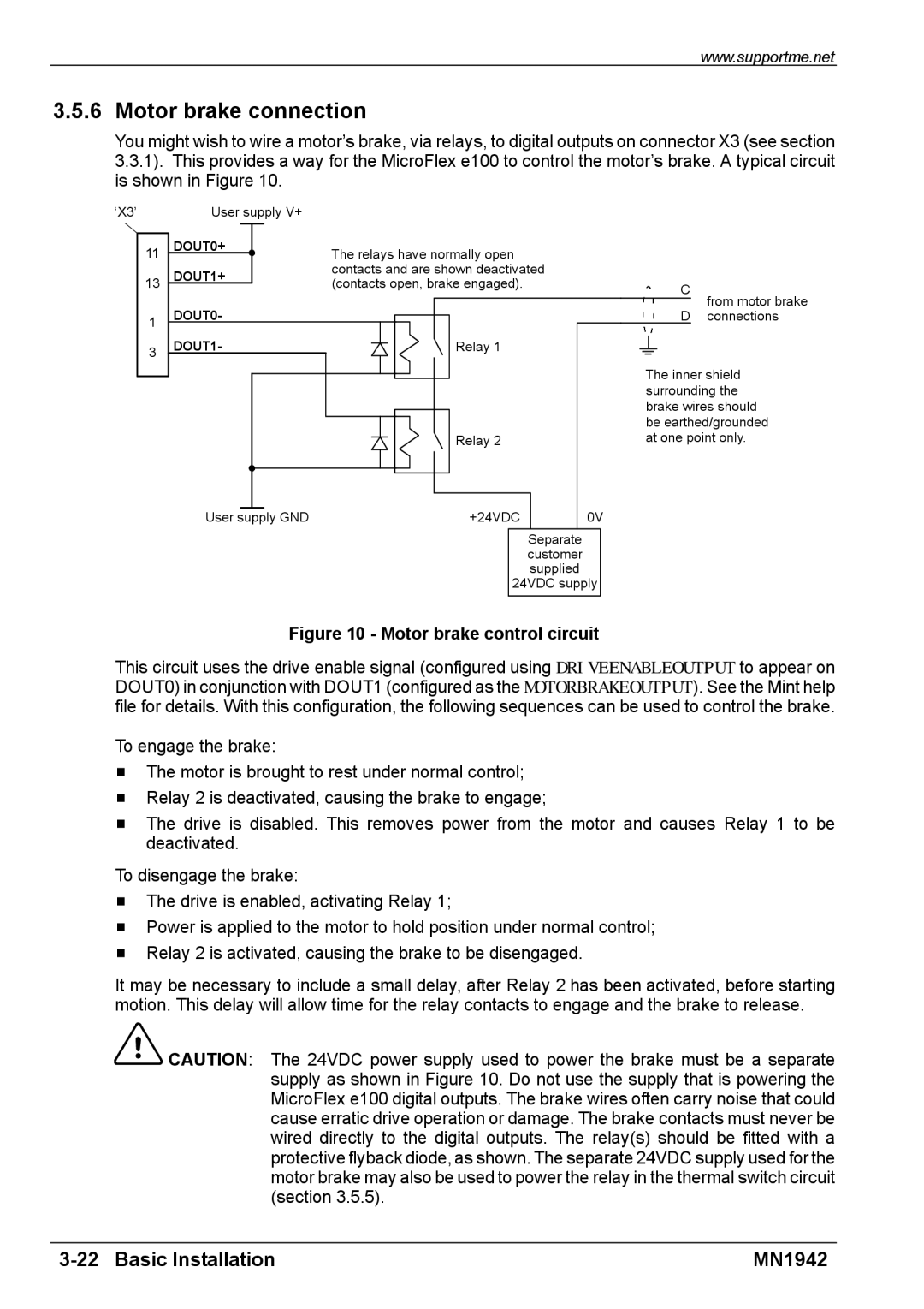 Baldor E100 manual Motor brake connection, Motor brake control circuit 