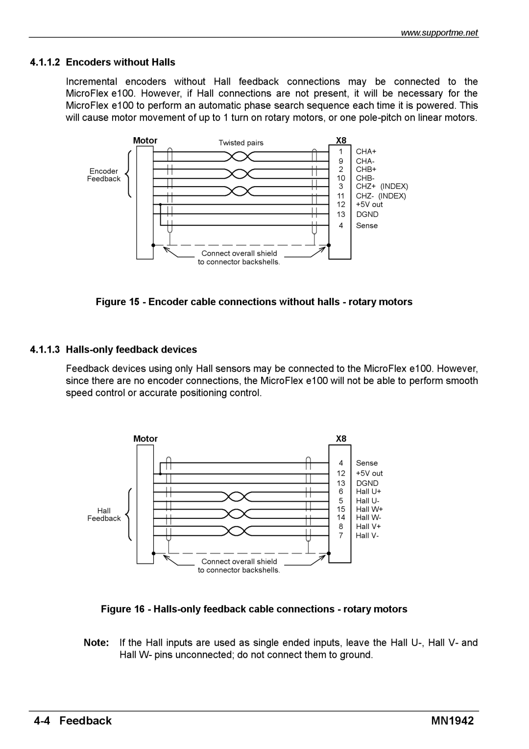 Baldor E100 manual Encoders without Halls, Halls-only feedback cable connections rotary motors 