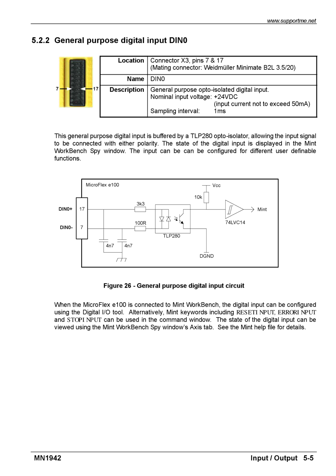 Baldor E100 manual General purpose digital input DIN0, General purpose digital input circuit 