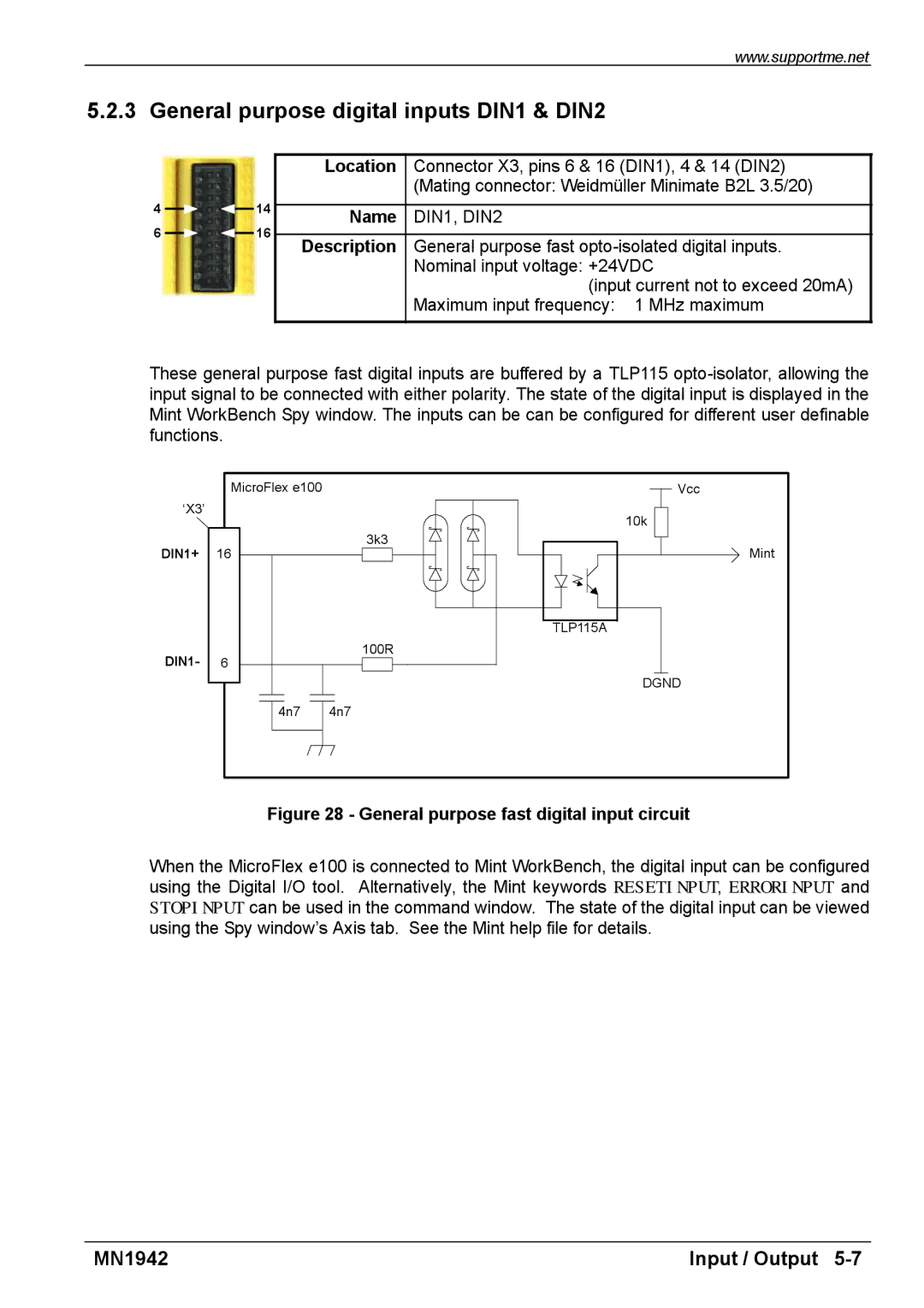 Baldor E100 manual General purpose digital inputs DIN1 & DIN2, General purpose fast digital input circuit 