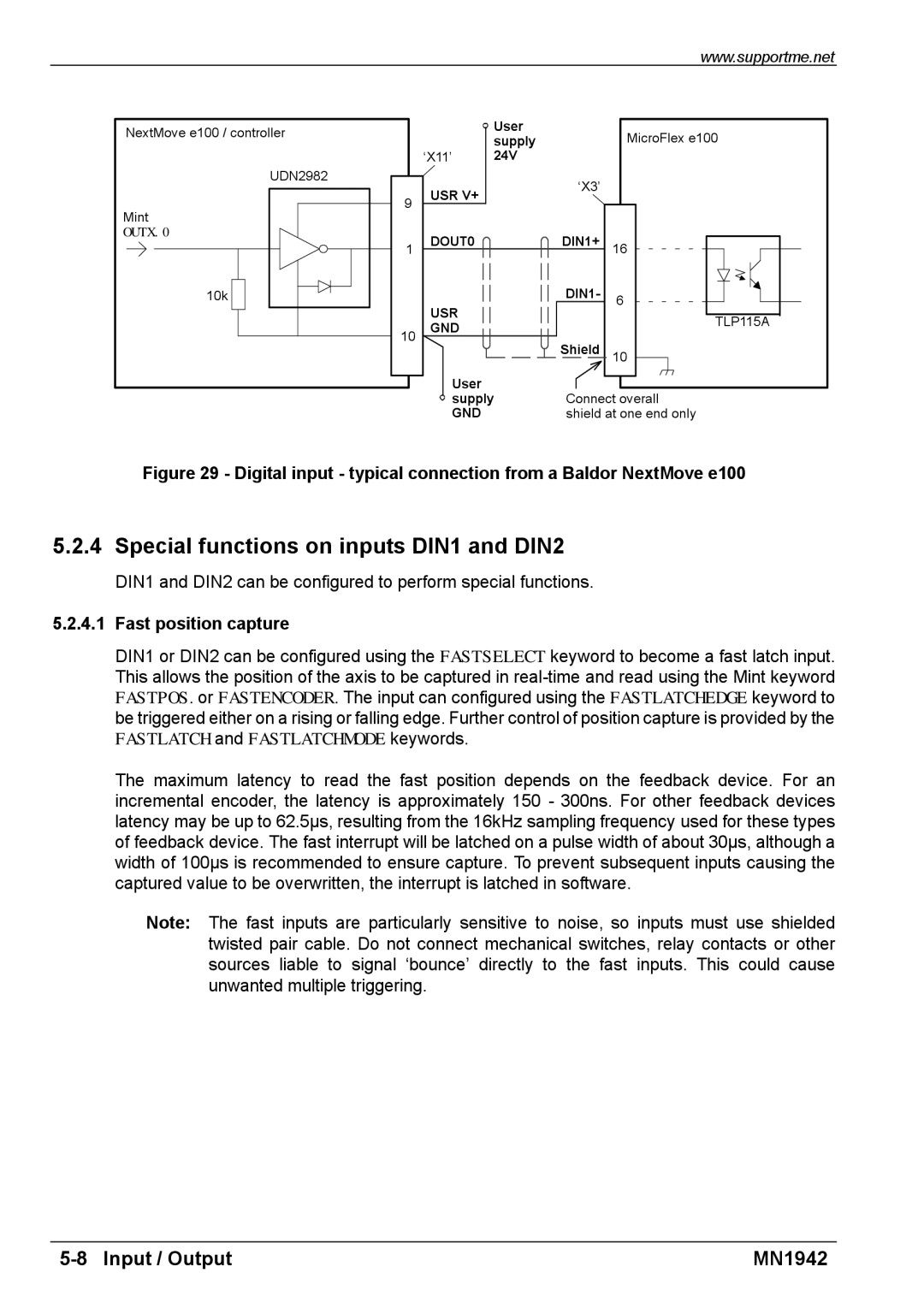 Baldor E100 manual Special functions on inputs DIN1 and DIN2, Fast position capture 