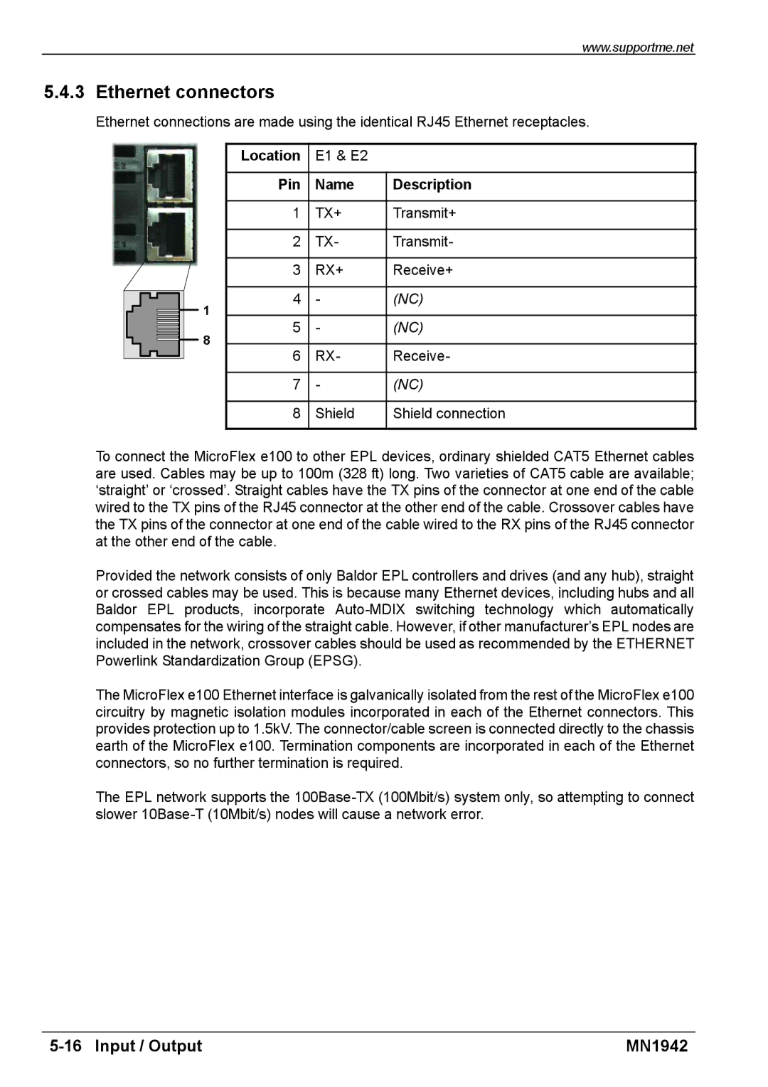 Baldor E100 manual Ethernet connectors, Rx+ 