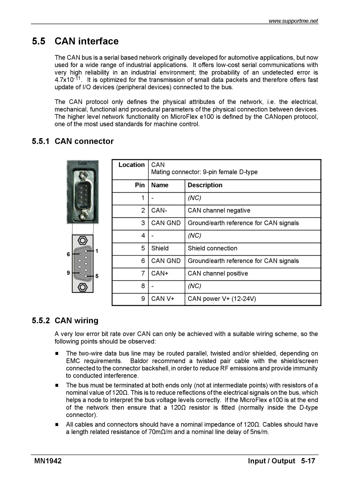 Baldor E100 manual Can interface, Can connector, Can wiring 