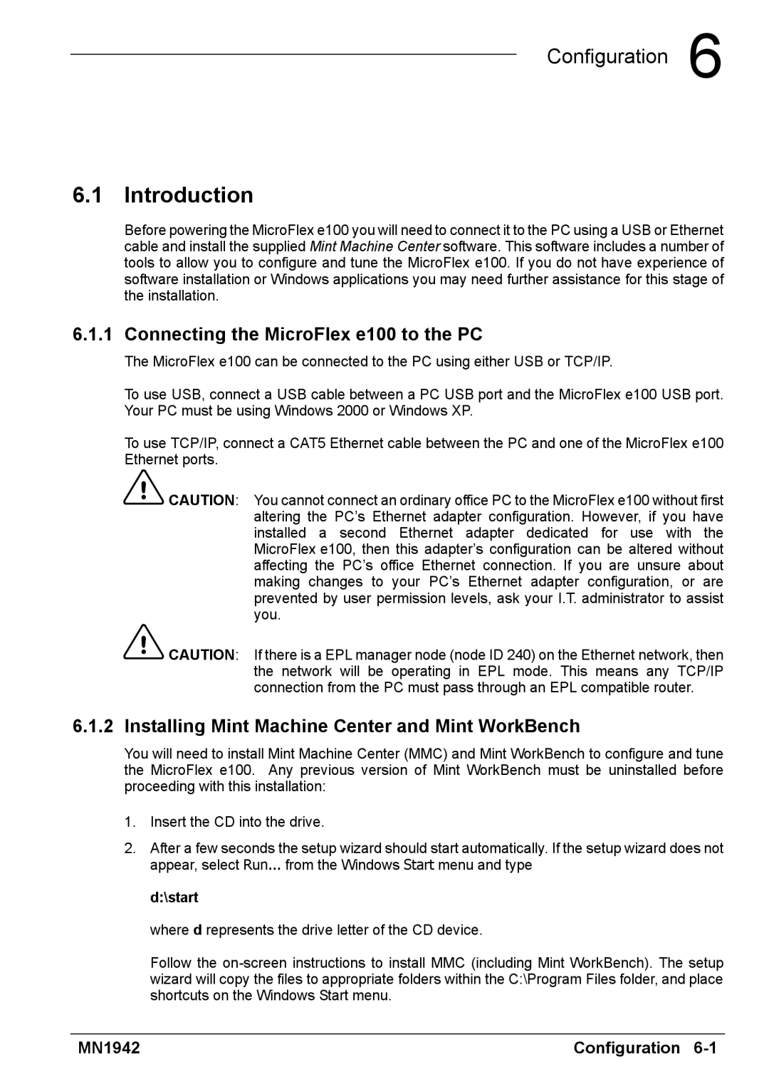 Baldor E100 manual Connecting the MicroFlex e100 to the PC, Installing Mint Machine Center and Mint WorkBench, start 