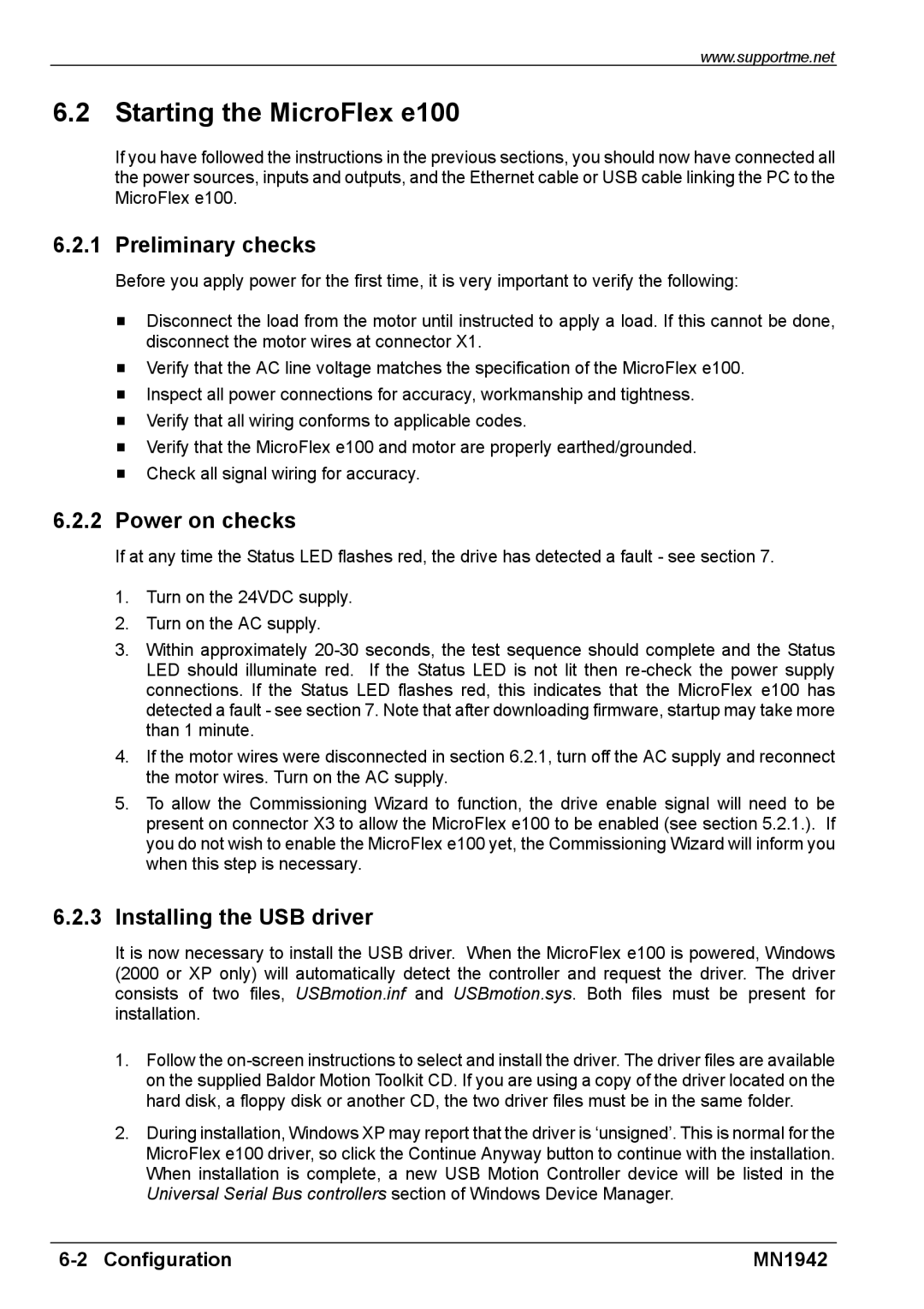 Baldor E100 manual Starting the MicroFlex e100, Preliminary checks, Power on checks, Installing the USB driver 