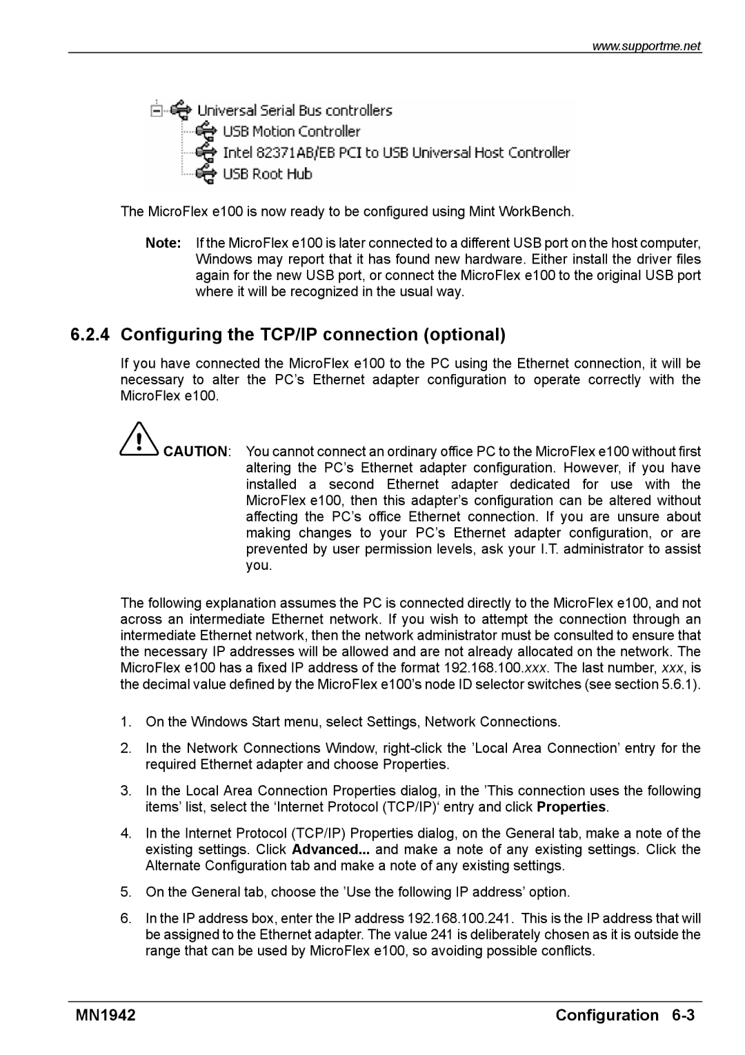 Baldor E100 manual Configuring the TCP/IP connection optional 