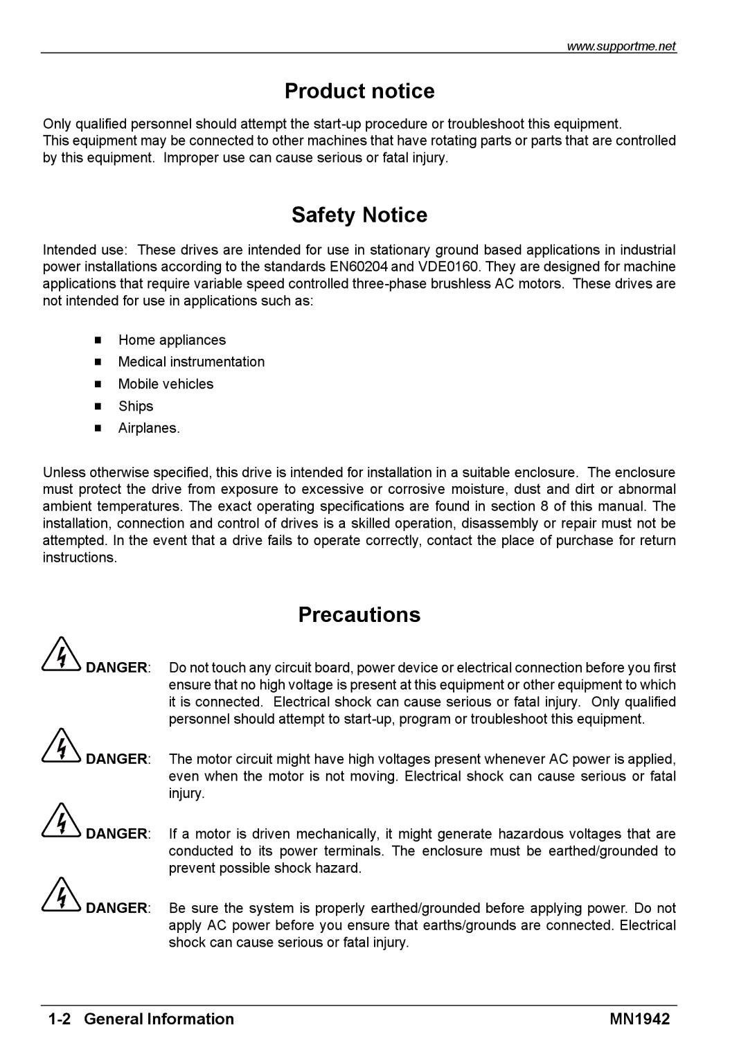 Baldor E100 manual Product notice, Safety Notice, Precautions 