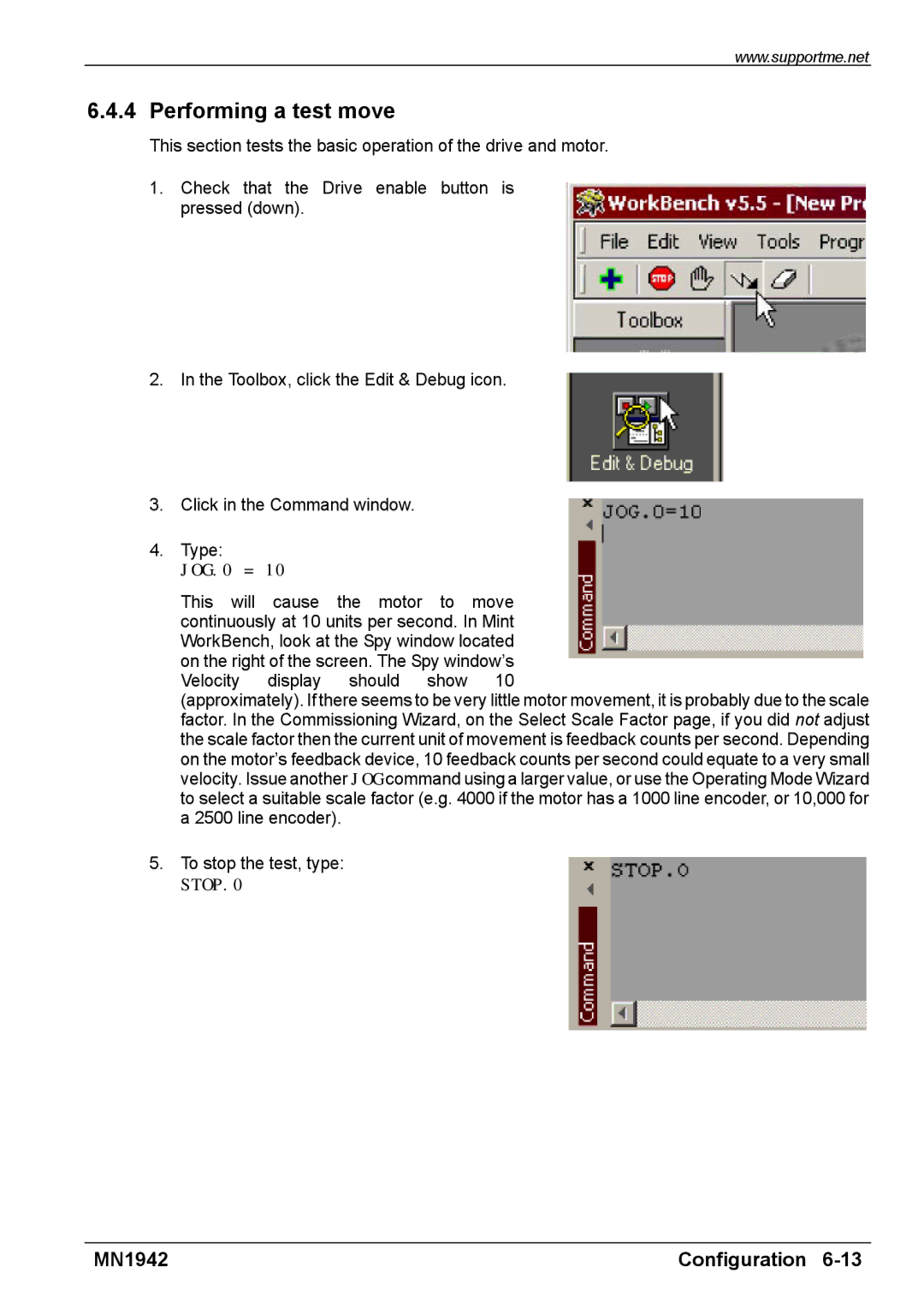 Baldor E100 manual Performing a test move, JOG.0 = 