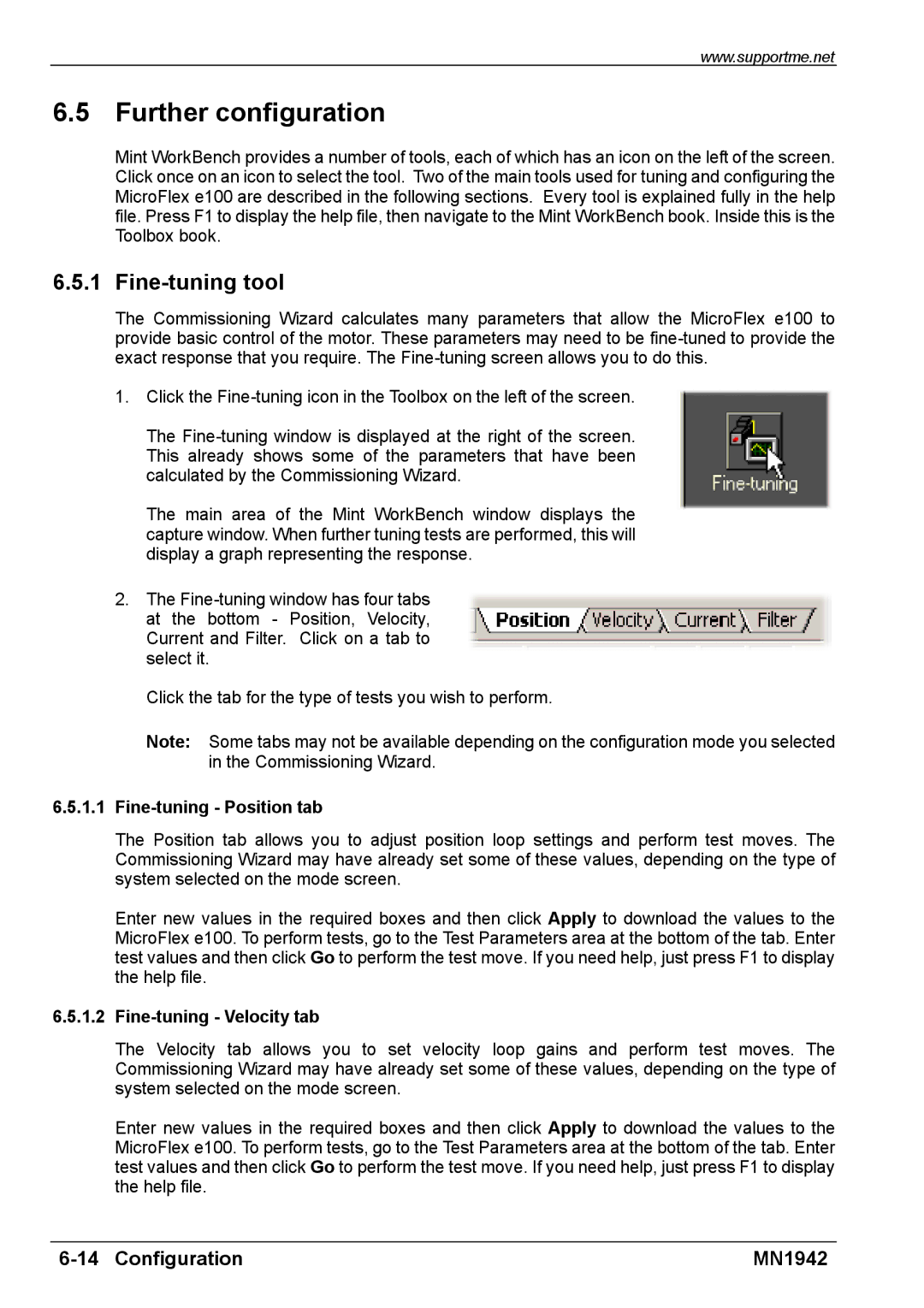 Baldor E100 manual Further configuration, Fine-tuning tool, Fine-tuning Position tab, Fine-tuning Velocity tab 