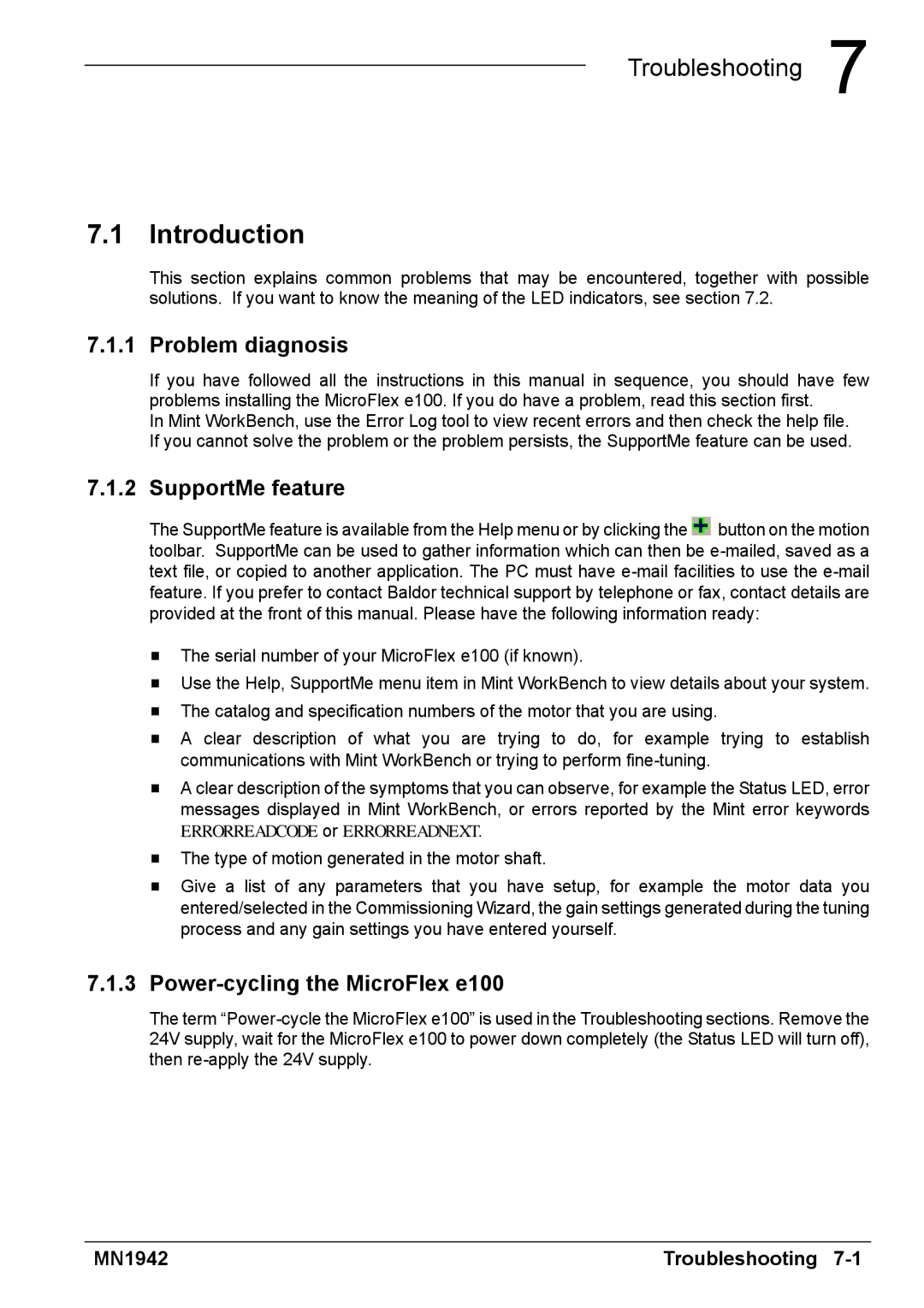 Baldor E100 manual Problem diagnosis, SupportMe feature, Power-cycling the MicroFlex e100 