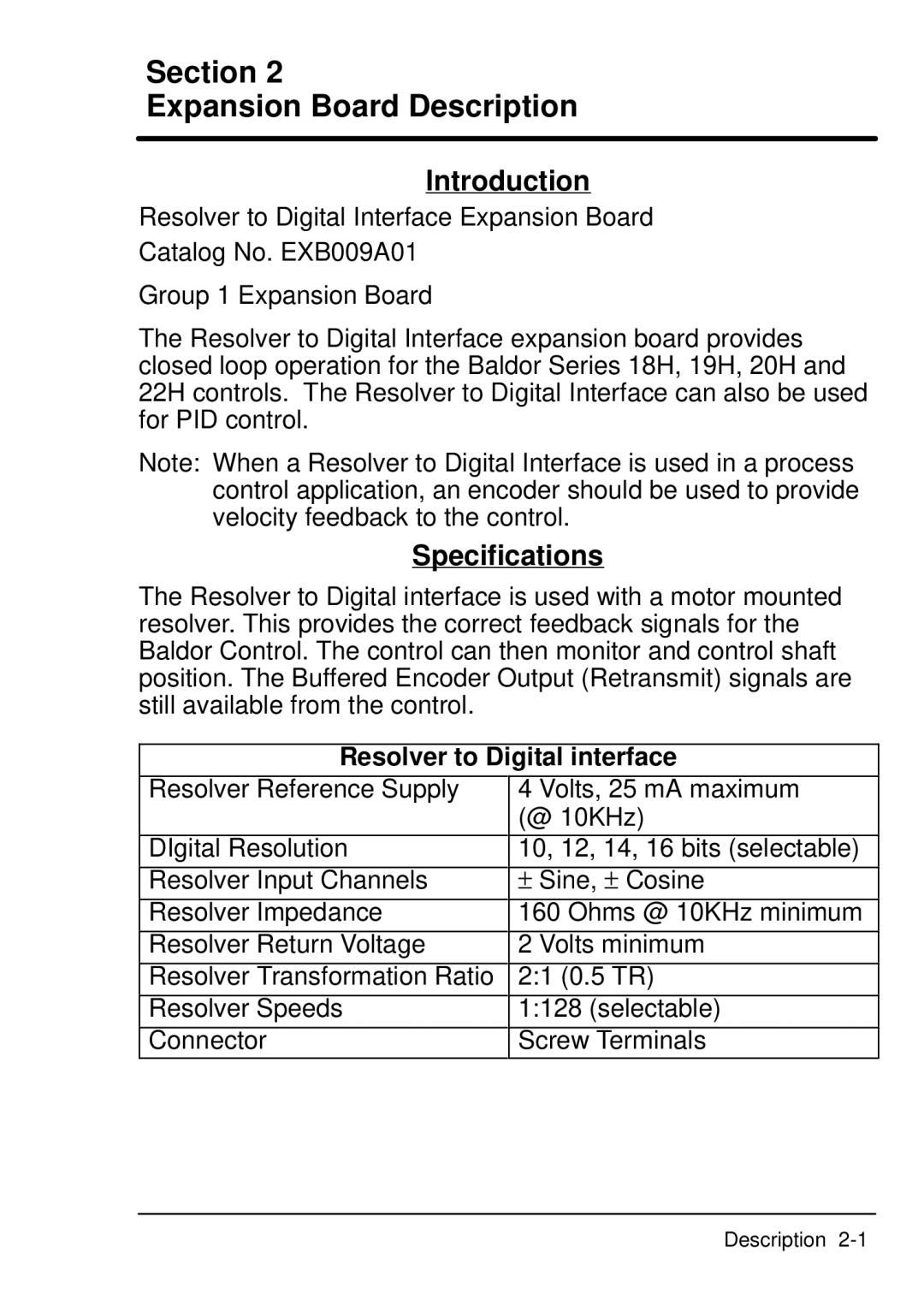 Baldor EXB009A01 manual Section Expansion Board Description, Specifications, Resolver to Digital interface 