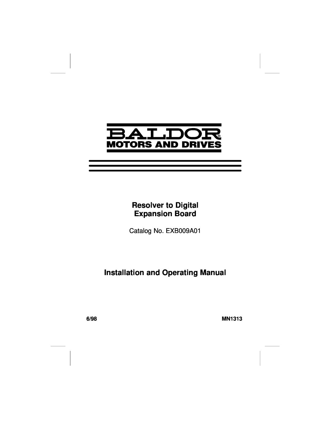 Baldor Resolver to Digital Expansion Board manual Installation and Operating Manual, Catalog No. EXB009A01 