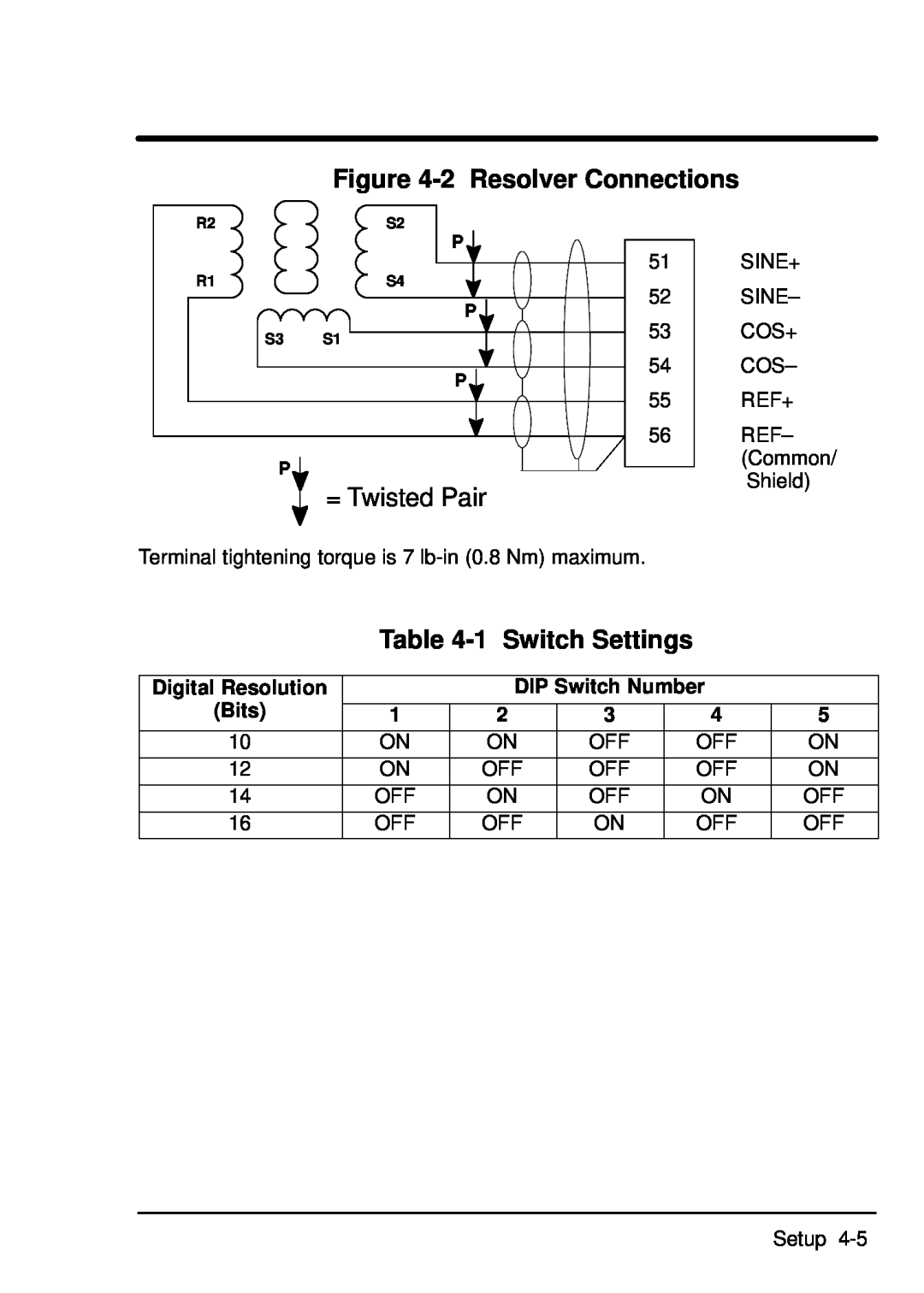 Baldor EXB009A01 manual 2 Resolver Connections, = Twisted Pair, 1 Switch Settings, Digital Resolution, DIP Switch Number 