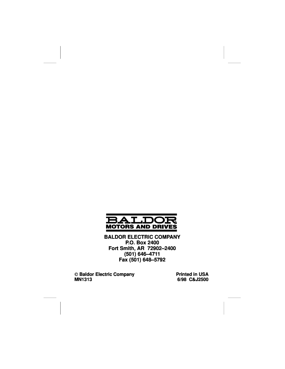 Baldor EXB009A01 BALDOR ELECTRIC COMPANY P.O. Box Fort Smith, AR 72902±2400, 501 646±4711 Fax 501 648±5792, Printed in USA 