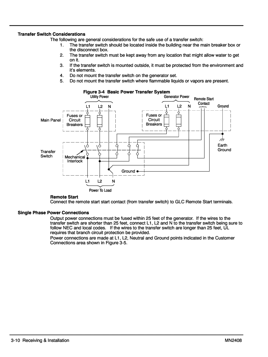 Baldor GLC60 Transfer Switch Considerations, ‐4 Basic Power Transfer System, Remote Start, Single Phase Power Connections 