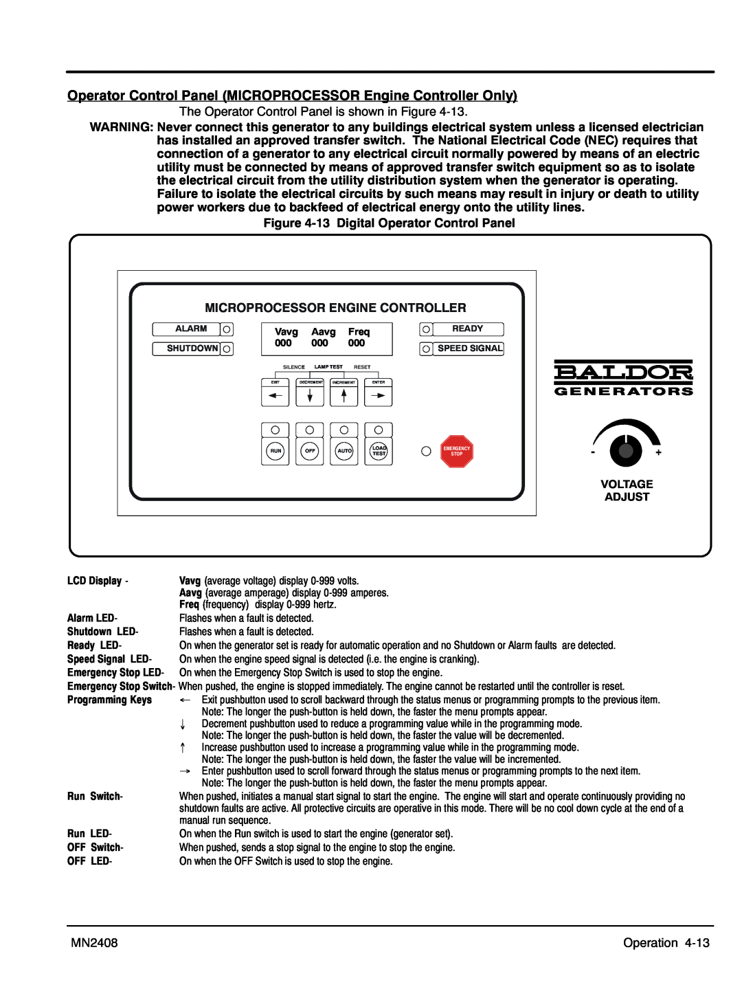 Baldor GLC25 Operator Control Panel MICROPROCESSOR Engine Controller Only, ‐13 Digital Operator Control Panel, Voltage 