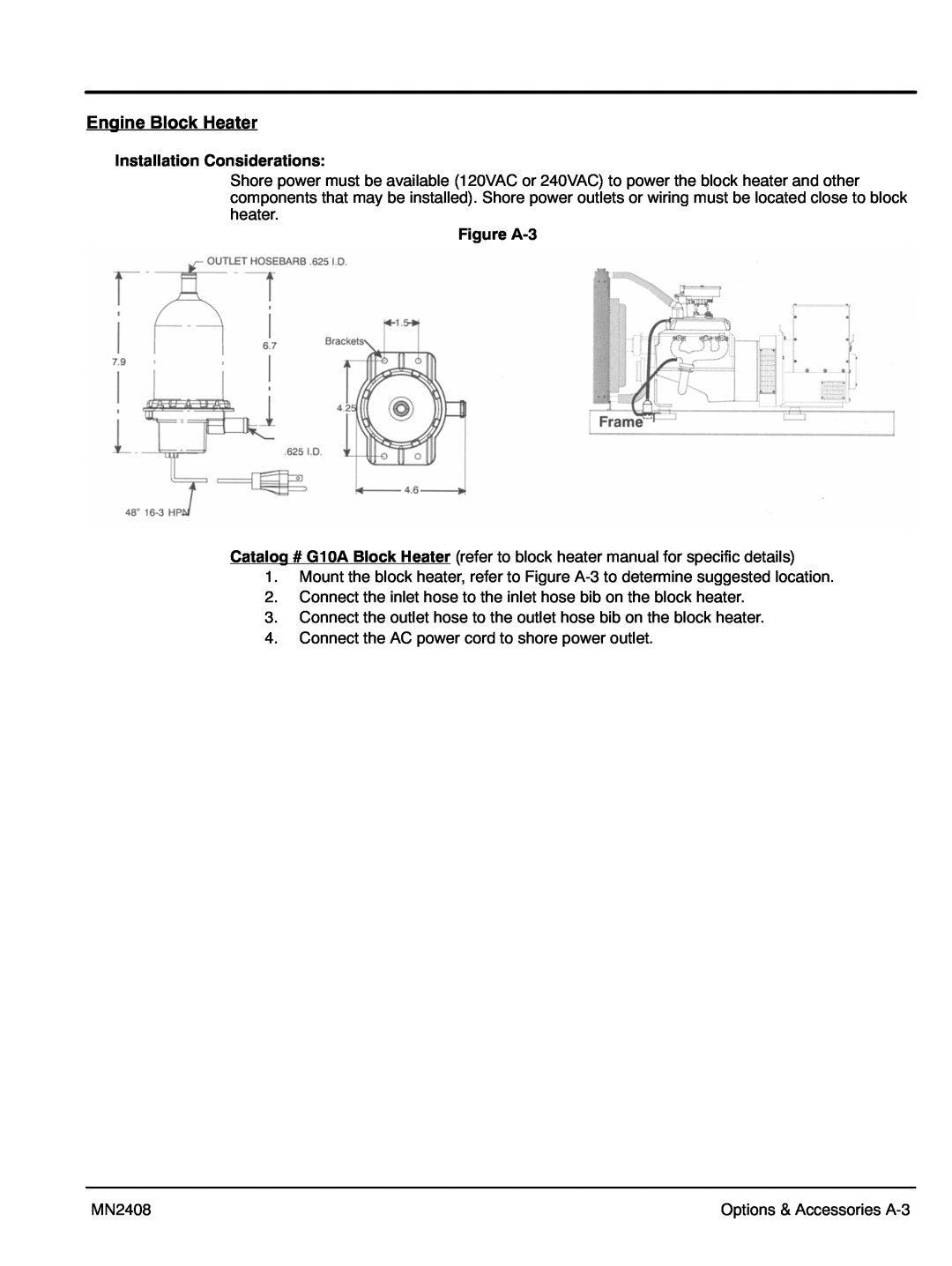 Baldor GLC20, GLC60, GLC105 manual Engine Block Heater, Installation Considerations, Figure A‐3, Options & Accessories A‐3 