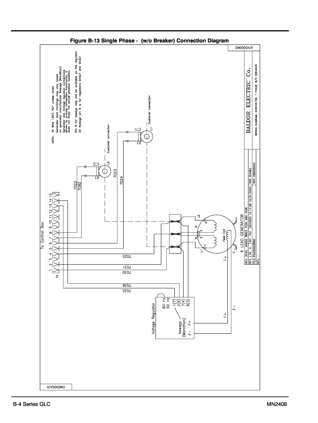 Baldor GLC20, GLC60, GLC105, GLC45 manual Figure B‐13 Single Phase - w/o Breaker Connection Diagram, B‐4 Series GLC, MN2408 