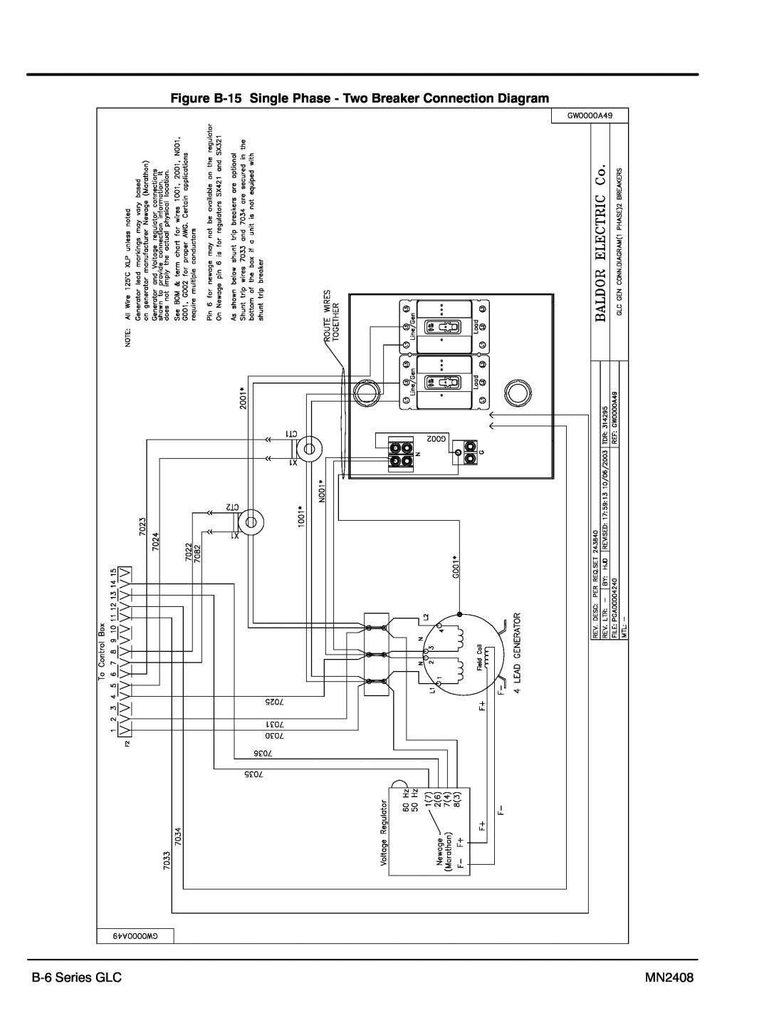 Baldor GLC30, GLC60, GLC105, GLC45 manual Figure B‐15 Single Phase - Two Breaker Connection Diagram, B‐6 Series GLC, MN2408 