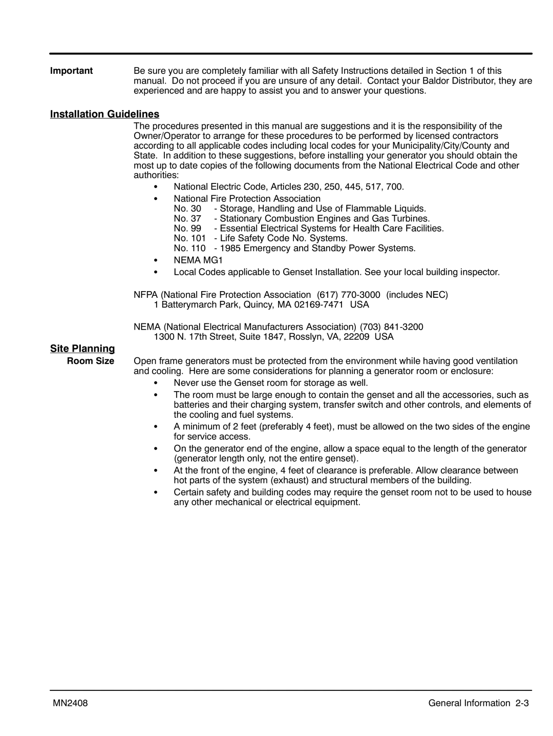 Baldor GLC105, GLC60, GLC45, GLC20, GLC65, GLC30, GLC100, GLC15, GLC25, GLC40 manual Installation Guidelines, Site Planning 