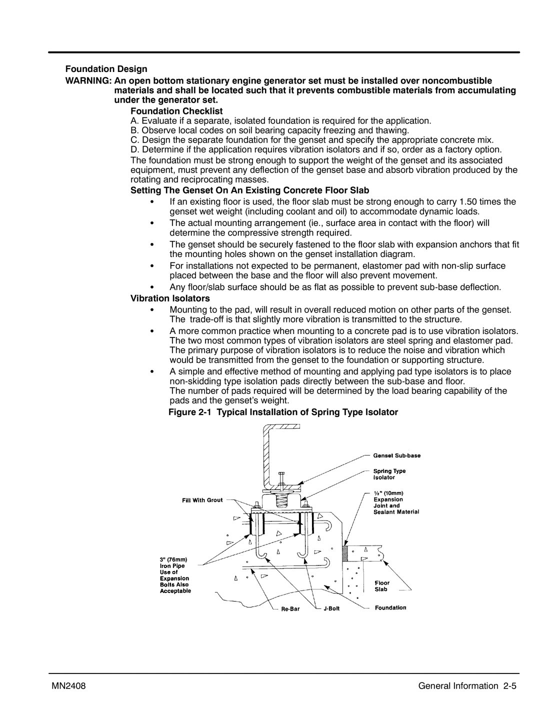 Baldor GLC20, GLC10, GLC60 Foundation Design Foundation Checklist, Setting The Genset On An Existing Concrete Floor Slab 