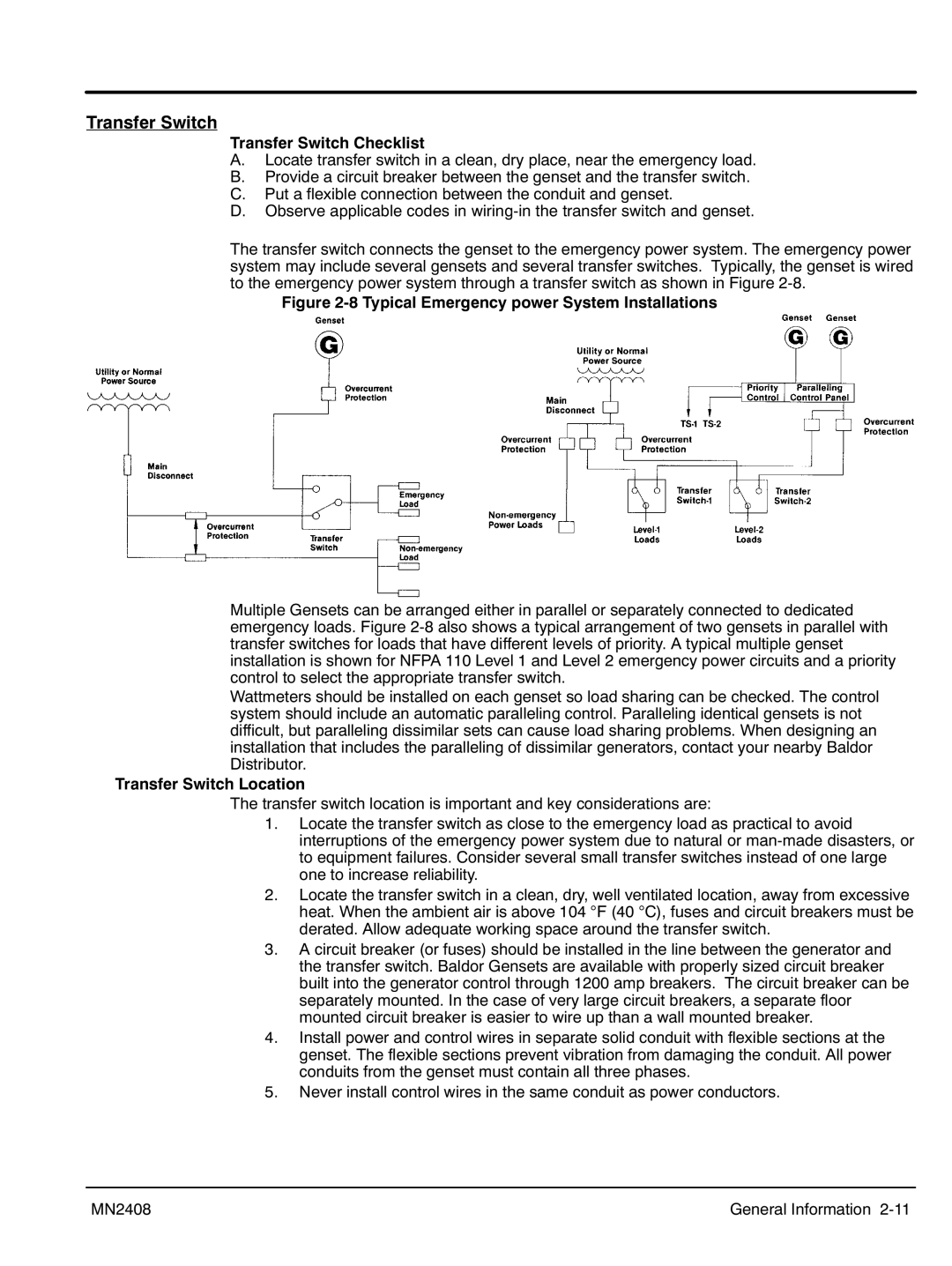 Baldor GLC40, GLC60, GLC105, GLC45, GLC20, GLC65, GLC30, GLC100, GLC15 Transfer Switch Checklist, Transfer Switch Location 