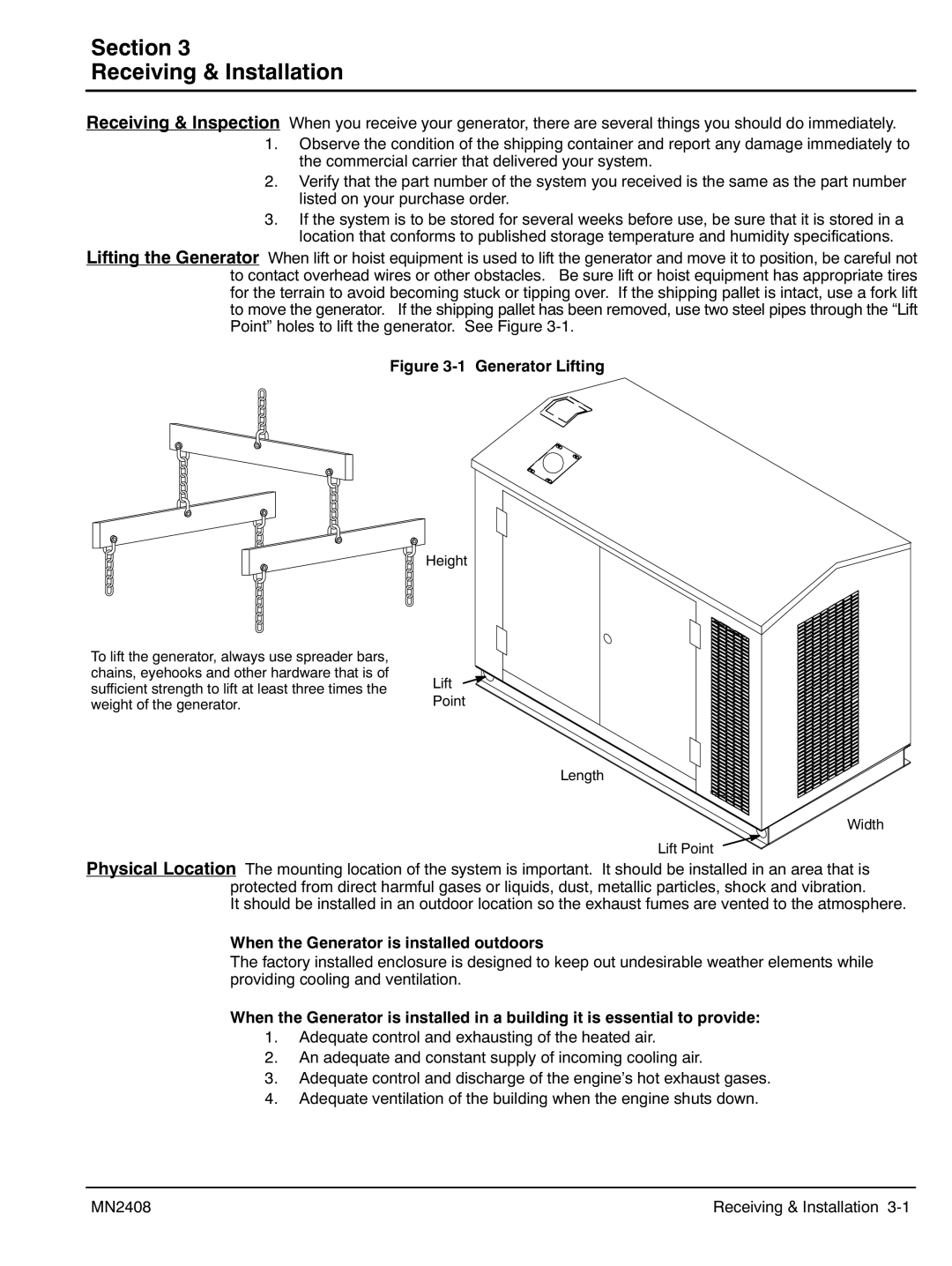 Baldor GLC45, GLC60, GLC105, GLC20, GLC65, GLC30, GLC100 manual ‐1 Generator Lifting, When the Generator is installed outdoors 