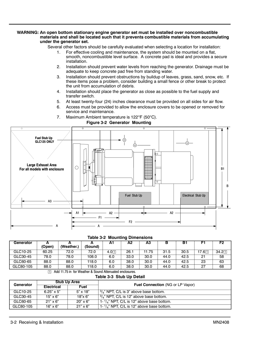 Baldor GLC20, GLC60, GLC105, GLC45, GLC65, GLC30, GLC100 ‐2 Mounting Dimensions, ‐3 Stub Up Detail, Generator Open, Sound 