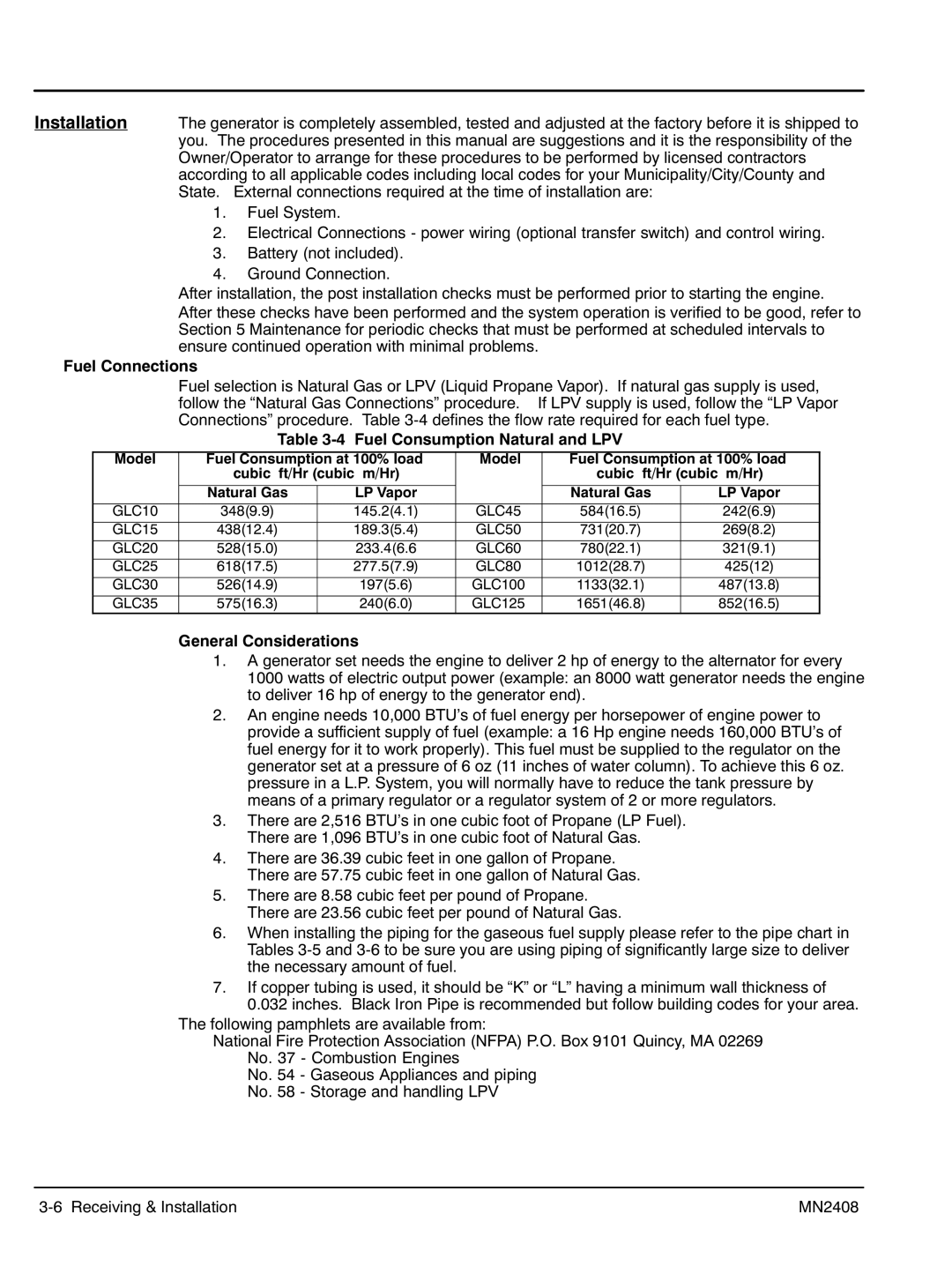 Baldor GLC15, GLC60, GLC105, GLC45, GLC20 Fuel Connections, ‐4 Fuel Consumption Natural and LPV, General Considerations 