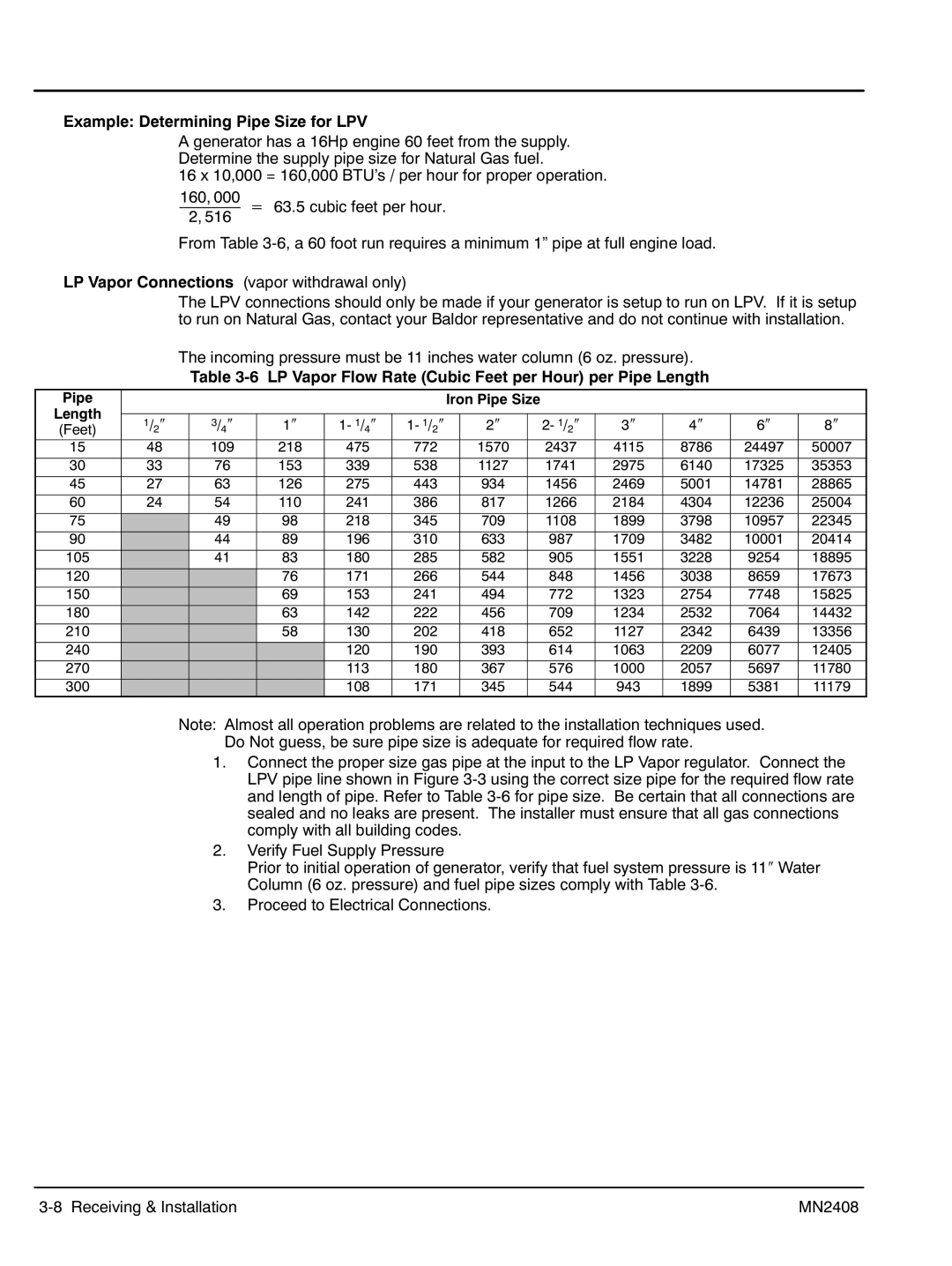 Baldor GLC40, GLC10, GLC60 Example Determining Pipe Size for LPV, ‐6 LP Vapor Flow Rate Cubic Feet per Hour per Pipe Length 