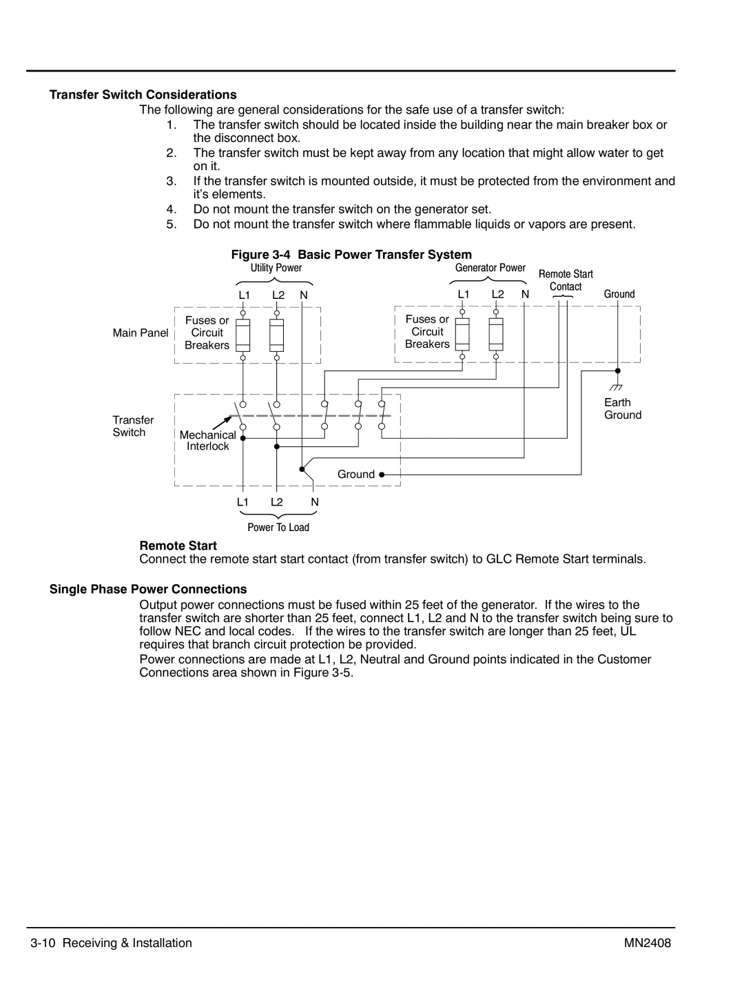 Baldor GLC60, GLC105, GLC45, GLC20, GLC65 Transfer Switch Considerations, Remote Start, Single Phase Power Connections 