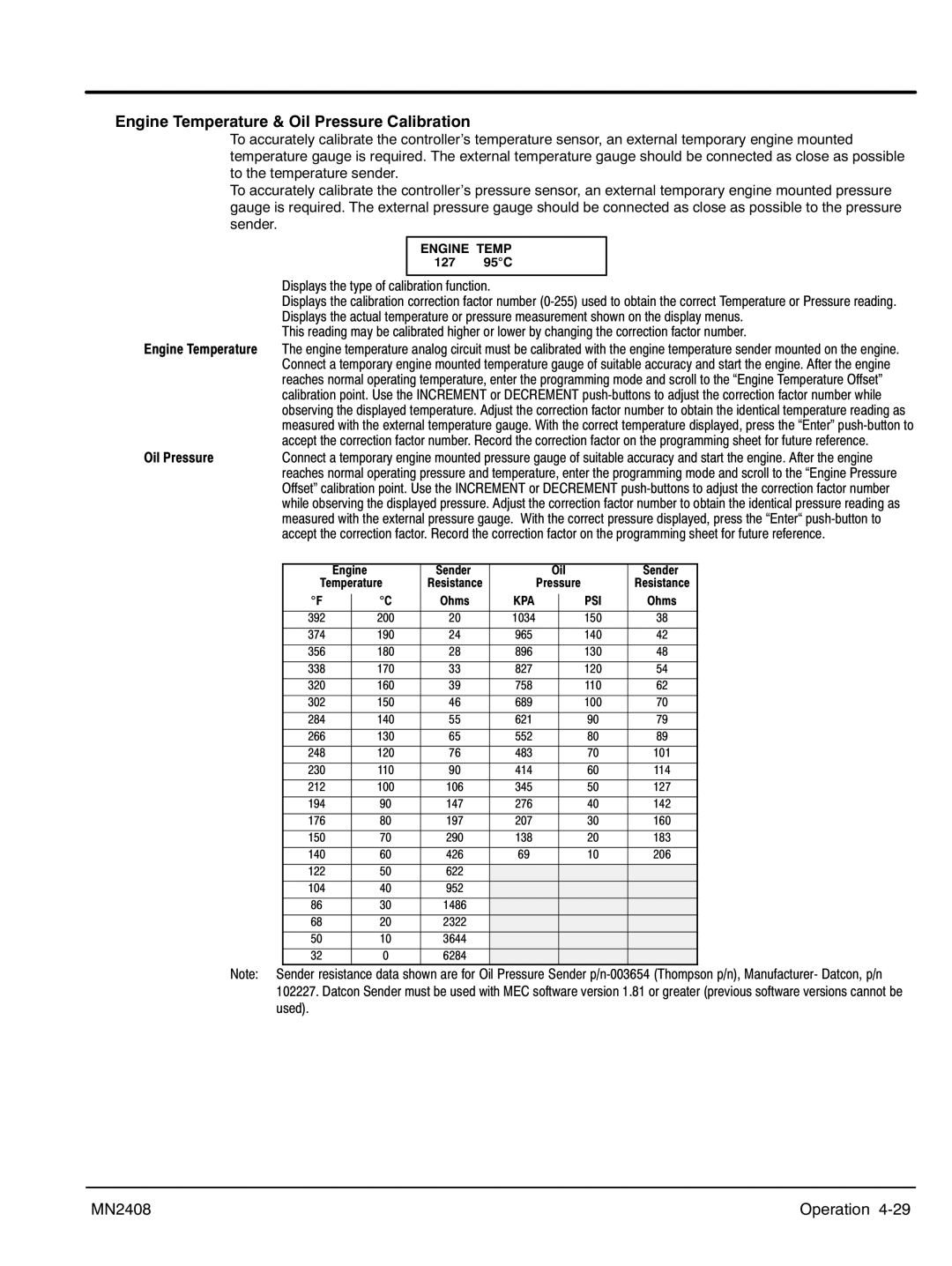 Baldor GLC45, GLC60, GLC105 Engine Temperature & Oil Pressure Calibration, Displays the type of calibration function 