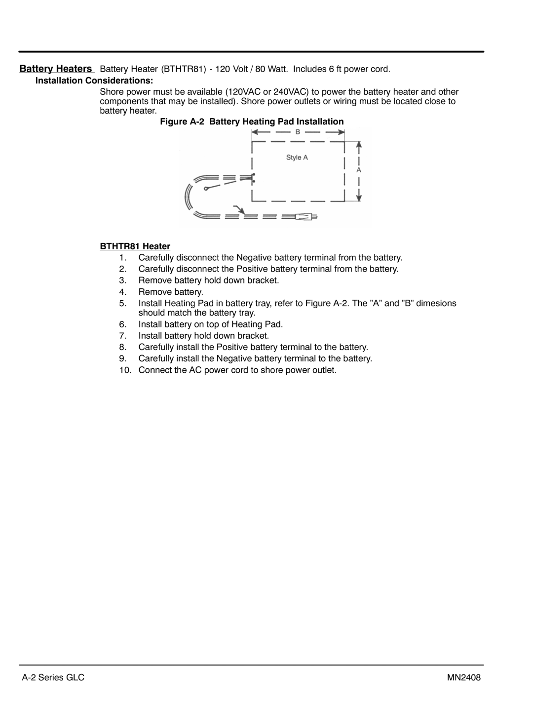 Baldor GLC45, GLC60, GLC105, GLC20, GLC65, GLC30, GLC100, GLC15 Figure A‐2 Battery Heating Pad Installation BTHTR81 Heater 