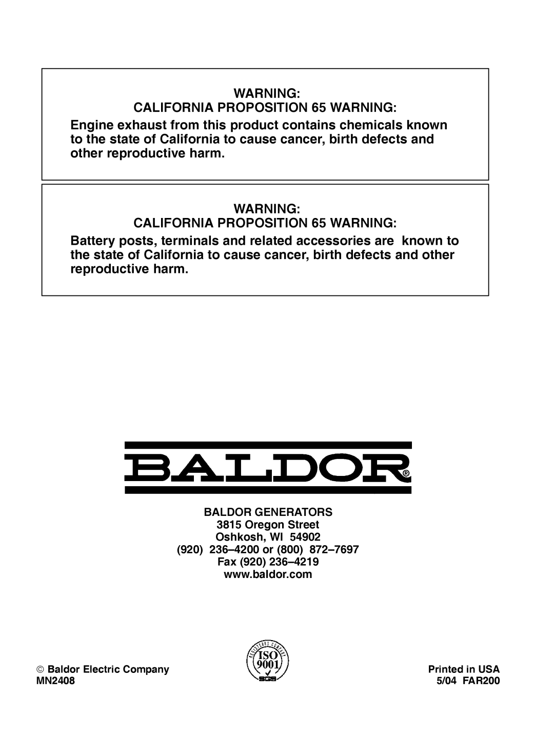 Baldor GLC35, GLC80, GLC50, GLC125 manual Baldor Electric Company MN2408 04 FAR200 