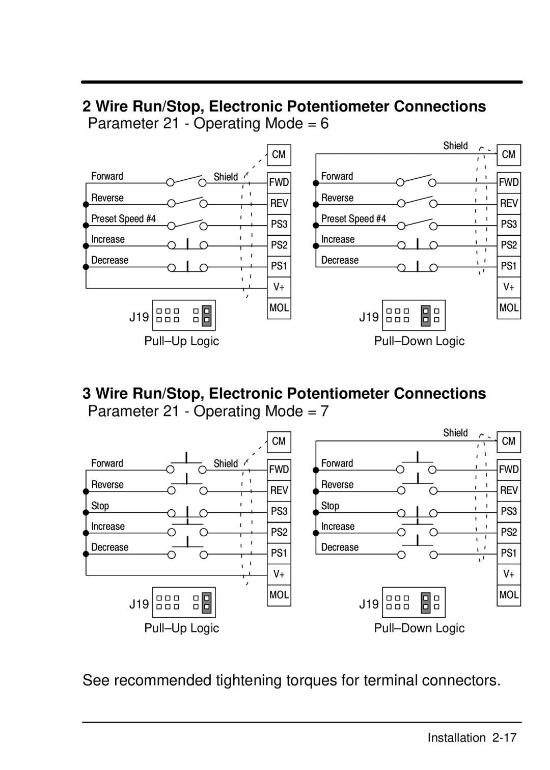 Baldor ID101F50-E manual Wire Run/Stop, Electronic Potentiometer Connections, Parameter 21 Operating Mode = 