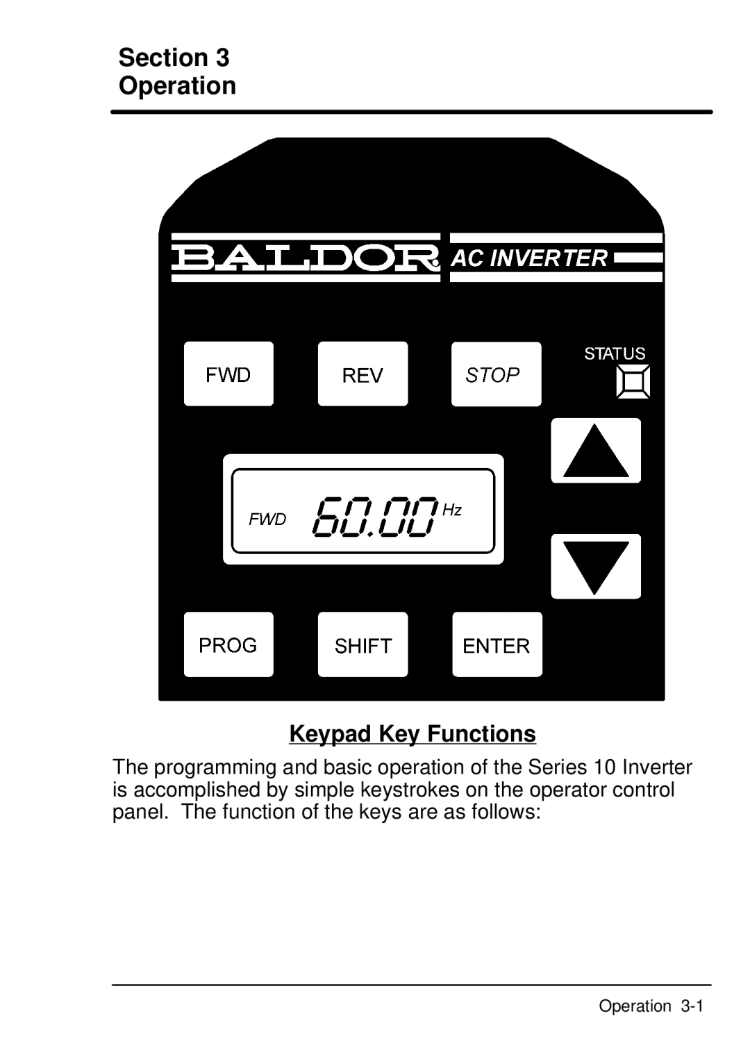 Baldor ID101F50-E manual Section Operation, Keypad Key Functions 