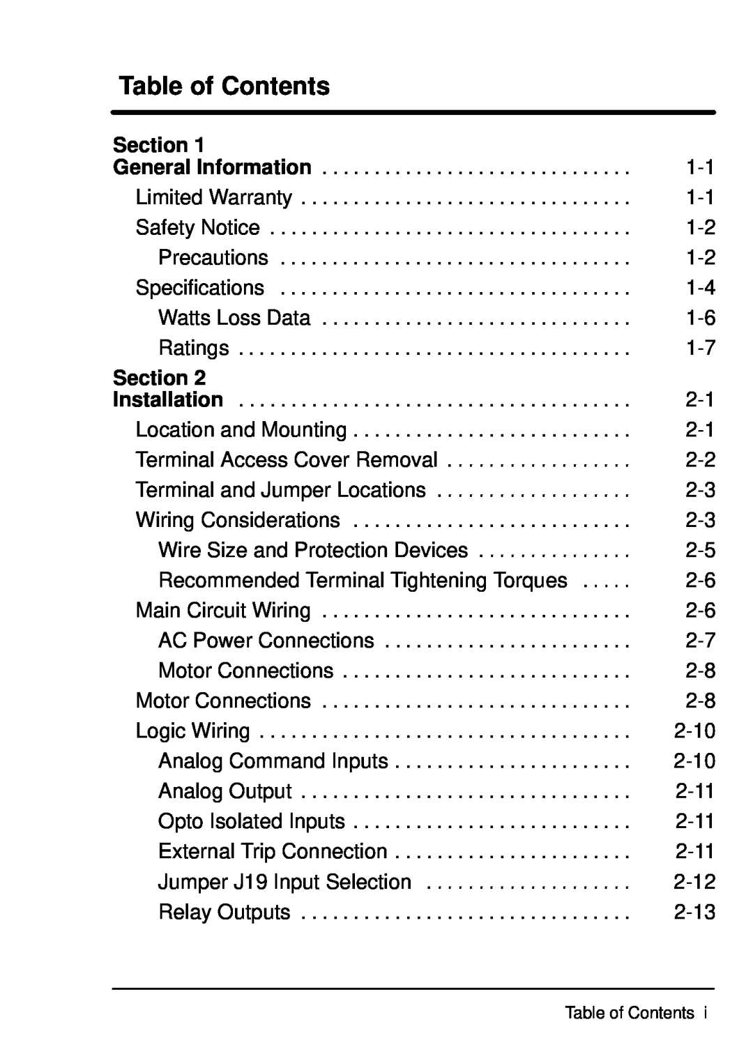 Baldor ID101F50-E manual Table of Contents, Section 