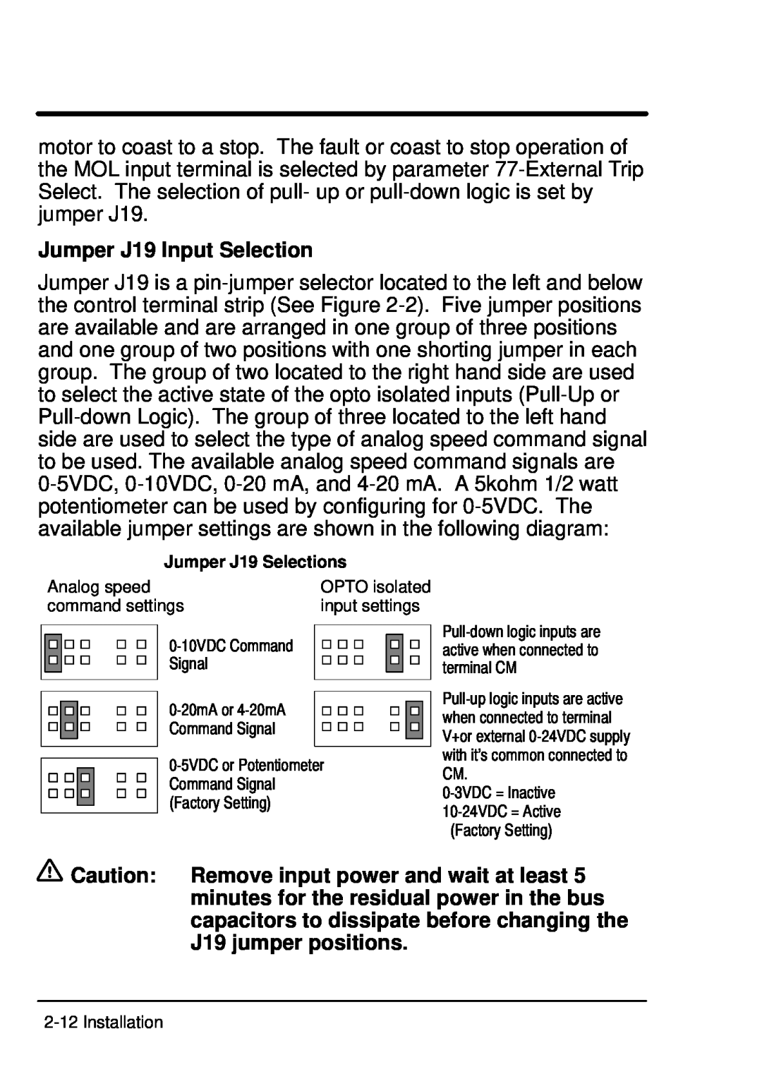 Baldor ID101F50-E manual Jumper J19 Input Selection, Jumper J19 Selections 