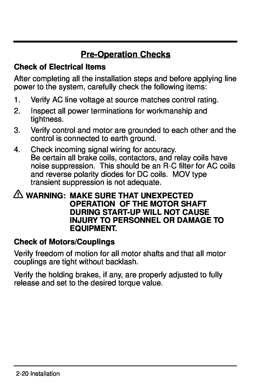 Baldor ID101F50-E manual Pre-Operation Checks, Check of Electrical Items, Check of Motors/Couplings 