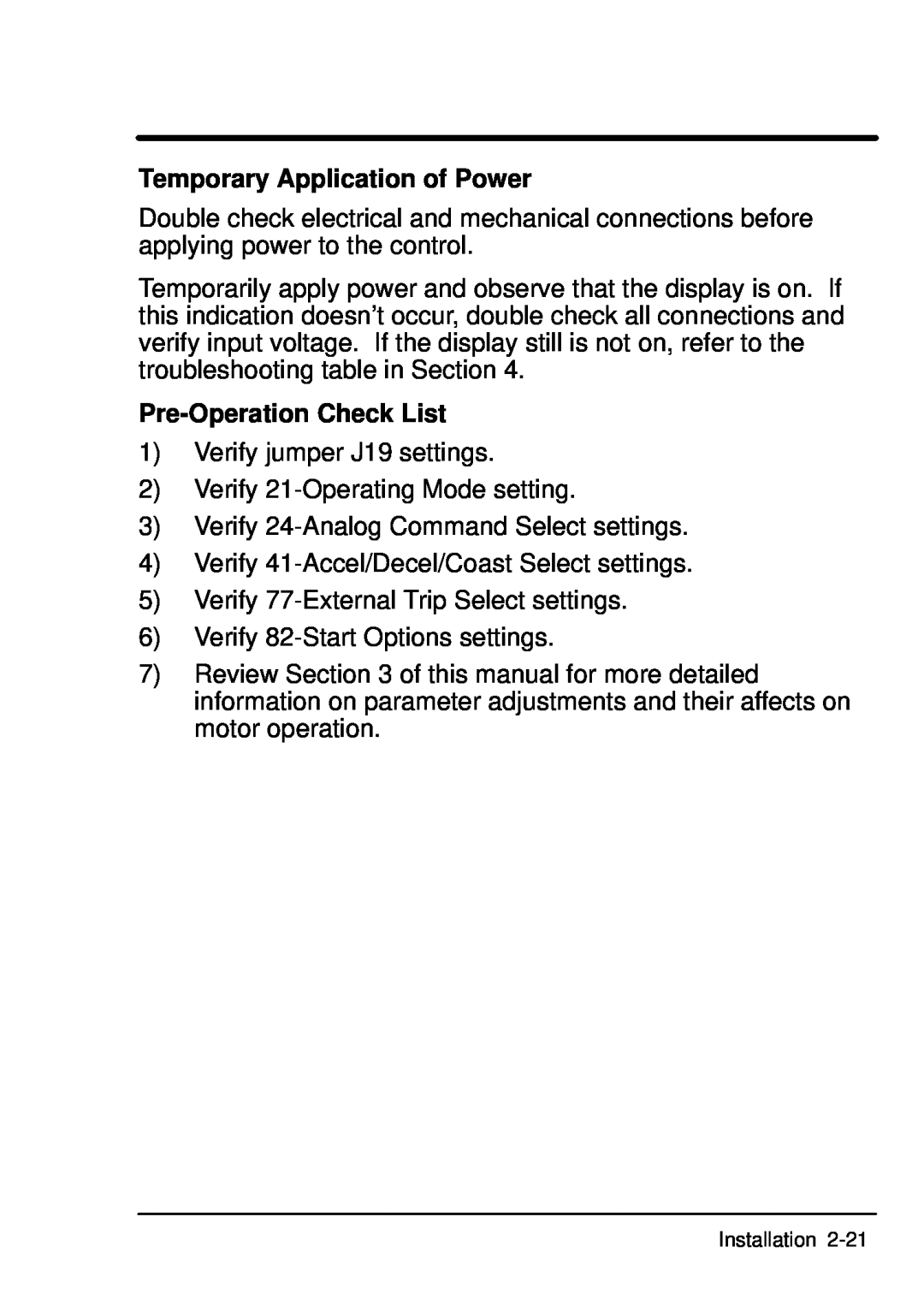 Baldor ID101F50-E manual Temporary Application of Power, Pre-Operation Check List 