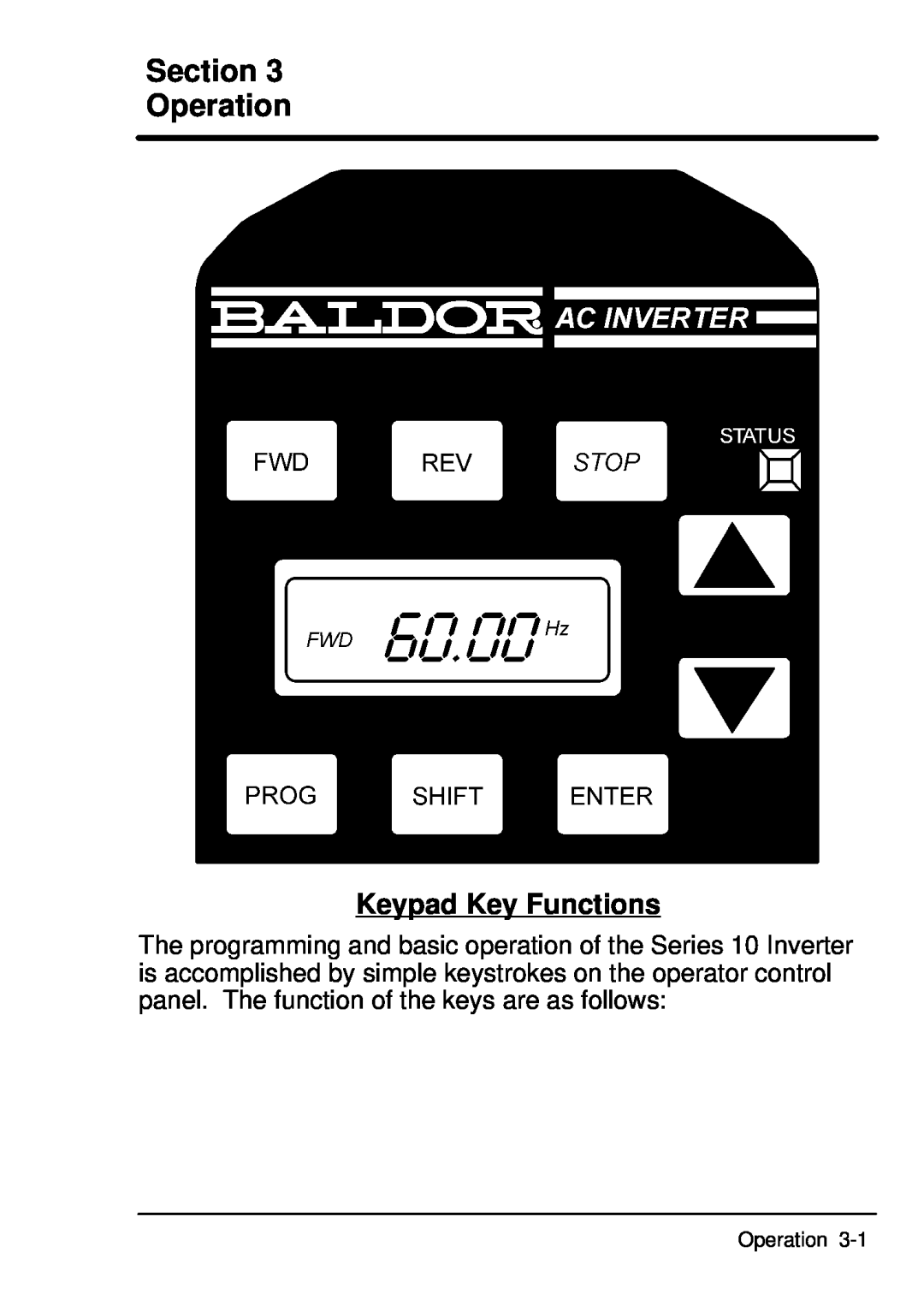 Baldor ID101F50-E manual Section Operation, Keypad Key Functions 