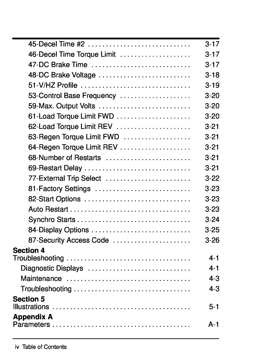 Baldor ID101F50-E manual Appendix A, Section, iv Table of Contents 