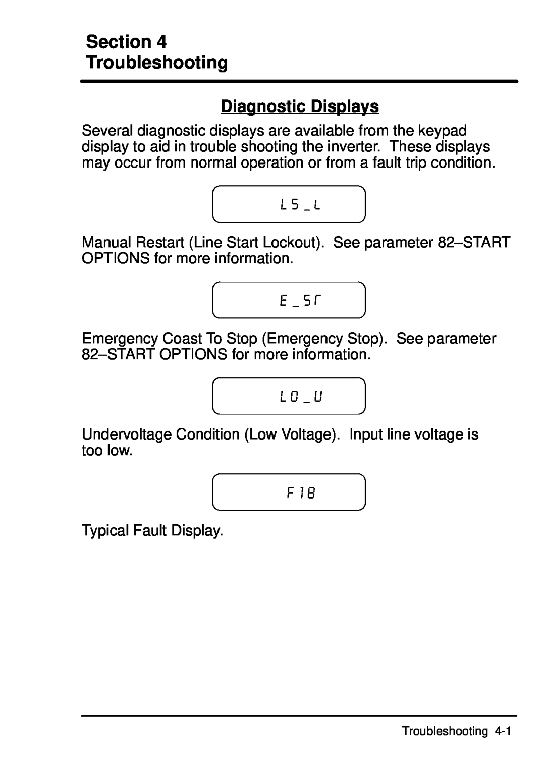 Baldor ID101F50-E manual Section Troubleshooting, Diagnostic Displays 