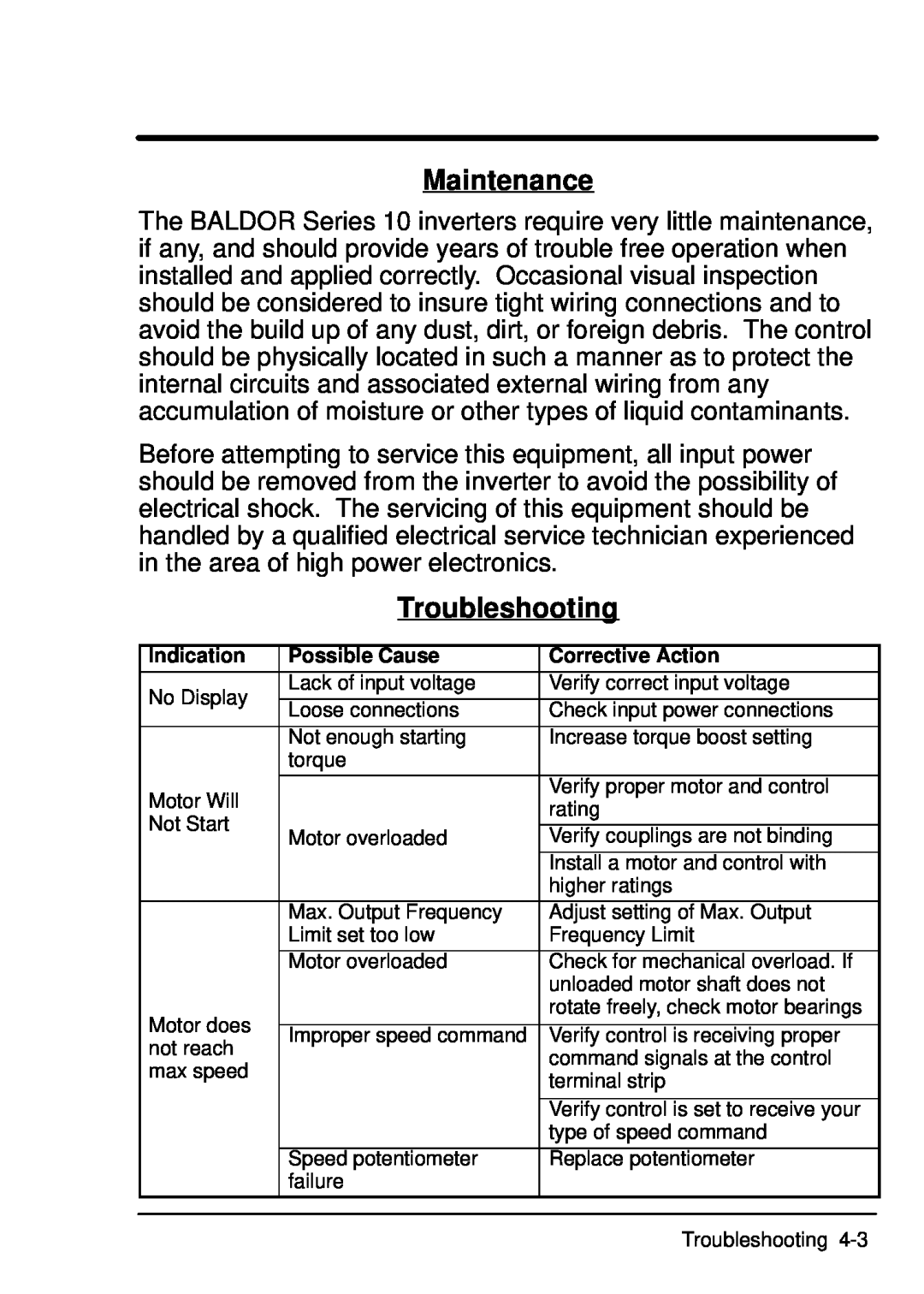 Baldor ID101F50-E manual Maintenance, Troubleshooting, Indication, Possible Cause, Corrective Action, Motor overloaded 