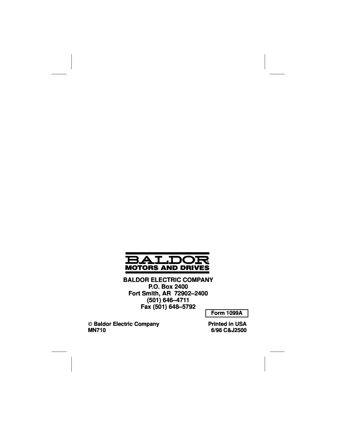 Baldor ID101F50-E BALDOR ELECTRIC COMPANY P.O. Box Fort Smith, AR 72902±2400, 501 646±4711 Fax 501 648±5792, Form 1099A 