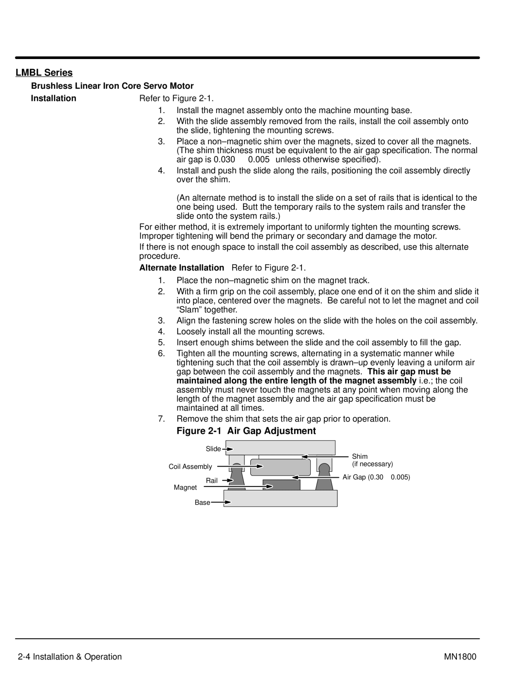 Baldor iMN1800 Lmbl Series, Brushless Linear Iron Core Servo Motor Installation, Alternate Installation Refer to Figure 